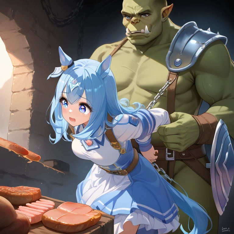 cute young girl, light blue hair, long hair, small braids hair, yellow eyes, elf ears, dragon tail, dragon thorn, muscular body, big breast, smile blush, nude, apron, touched breast from behind with bald boy, milk breast, penis put in vagina, cum, saliva, in kitchen