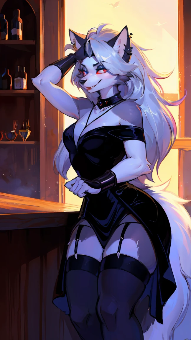 uploaded on e621, ((((full body)))), (((realistic rendering))), (by fluff-kevlar, by wolf-nail, by Iskra), (solo, neck tuft, hip tuft, leg tuft, big tail, fluffy tail, blue eyes), (masterpiece), (best quality), (thick thighs, big hips, large breasts, perky breasts, digitigrade legs), (sexy pose, form-fitting and revealing dress, fishnet stockings with thigh pudge), (((Helluva Boss, Loona, sweet))) BREAK (depth of field, ambient light on the body, modern club, sitting in a private leather booth with her legs spread, neon blue and pink lighting), [explicit content, questionable content], (masterpiece, best quality, 4k, 2k, shaded, absurd res)