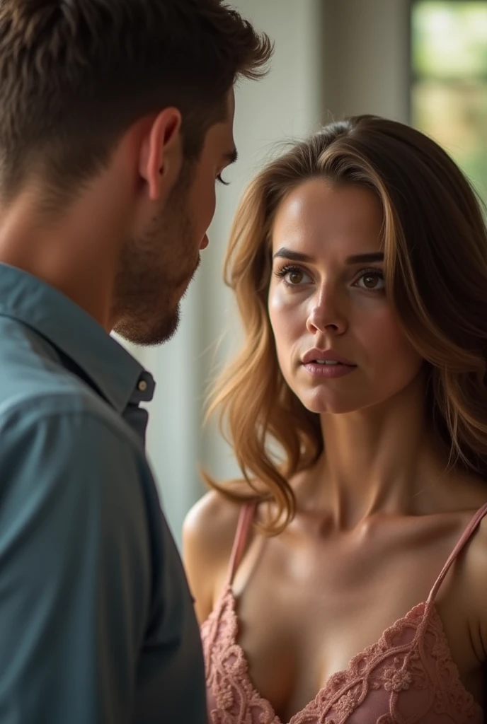 Strong man with brown curly hair and blue eyes holding a woman with red hair and green eyes