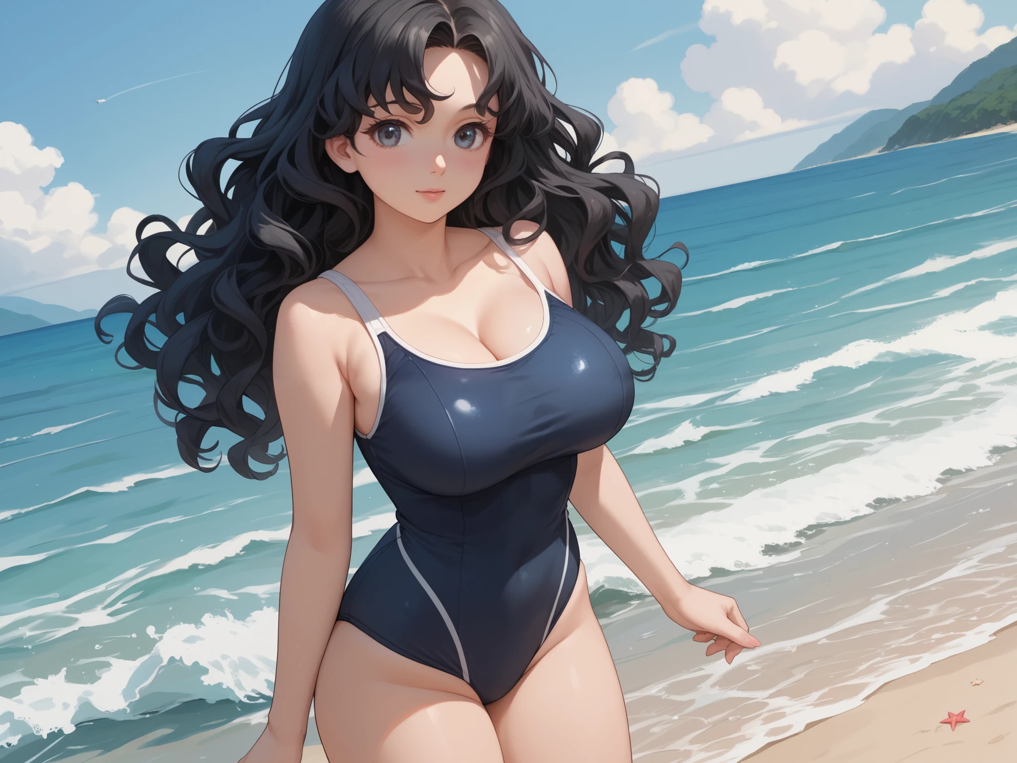 アニメ, A woman on the beach with big breasts and different colored eyes WITH DIFFERENT EYE COLOR