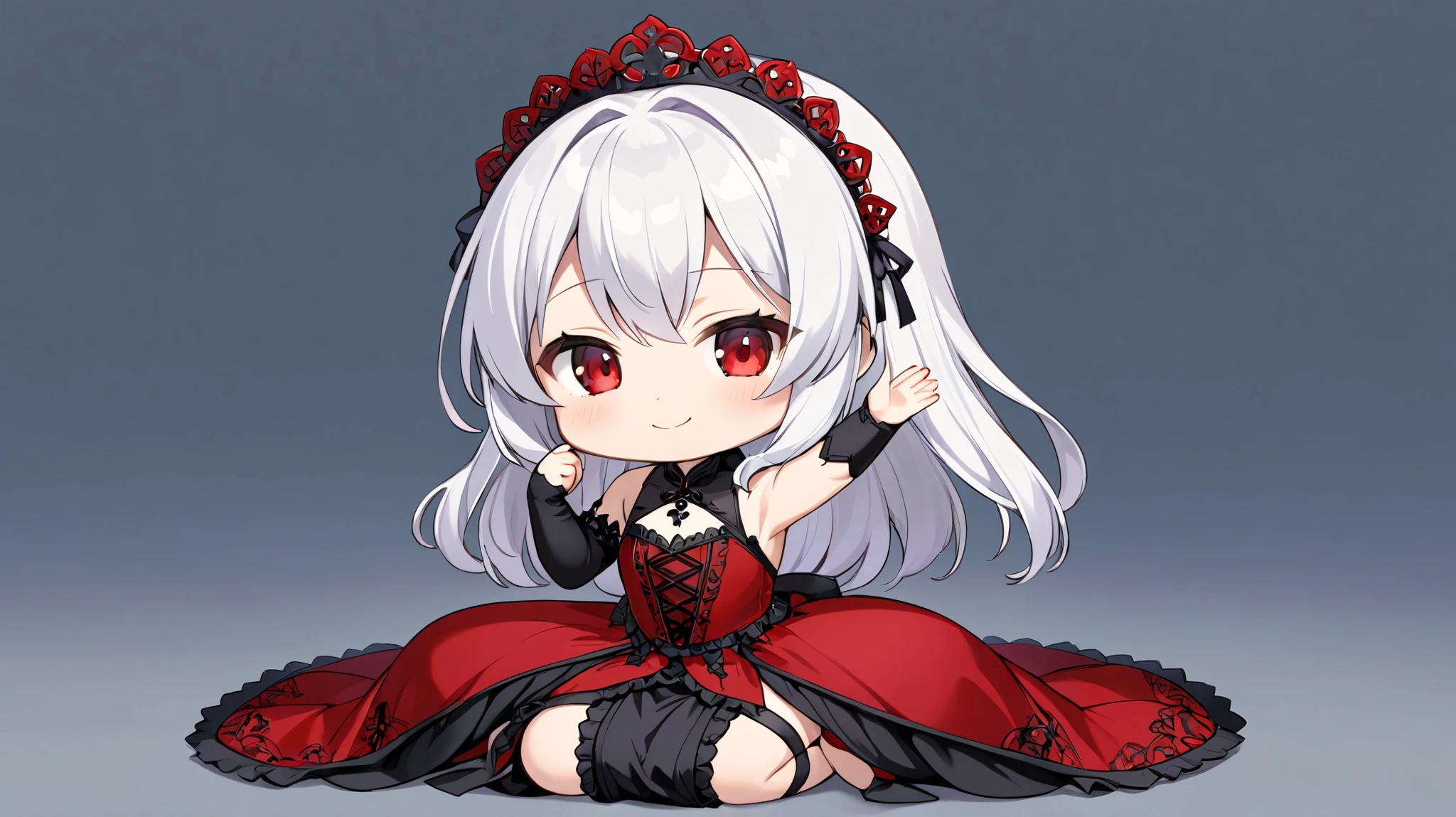 Gothic Maiden Anime Girl, beautiful charming anime girl,White-haired goddess, red eyes, red dress, alone, from the front, smile, chibi, ((seiza)), ((sitting)), One arm raised up, simple background
