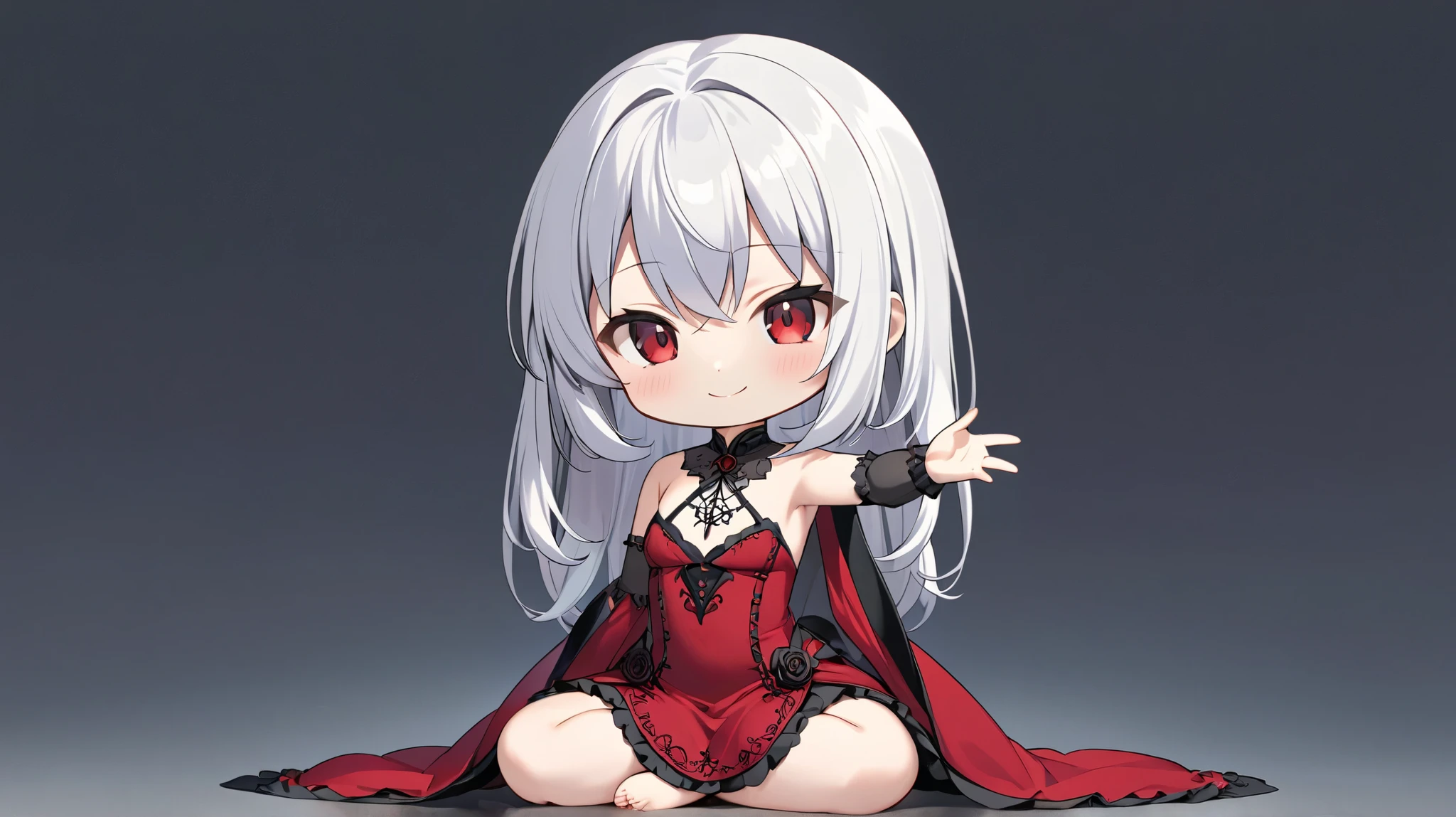 Gothic Maiden Anime Girl, beautiful charming anime girl,White-haired goddess, red eyes, red dress, alone, from the front, smile, chibi, ((seiza)), ((sitting)), One arm raised up, simple background