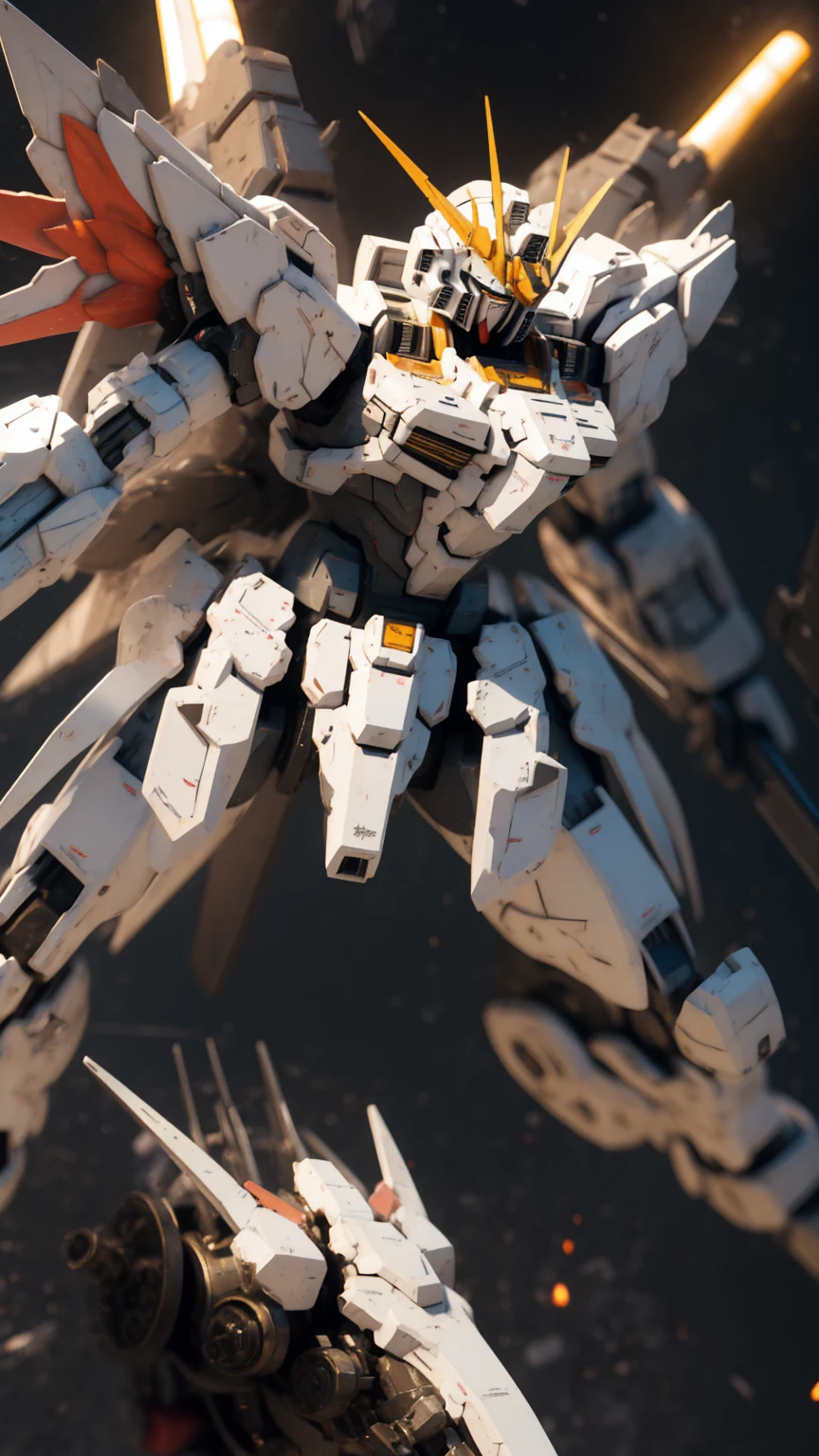 Behind the background there are giant mechanical gundams, ((rich mechanical structure)), (precise detail texture), movie lighting effects, movie special effects, (rich battle damage details), real rust details, close-up, 8k, background blur, (real light and shadow effects), (((accurate mechanical mechanism))), ((rich small details)), (heat hole details)