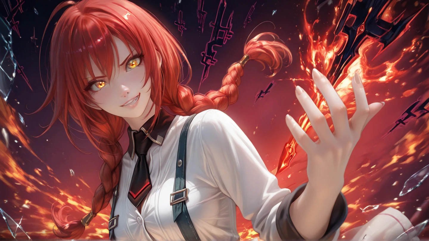 bioluminescence, detailed eyes, cowboy_shot, close up, portrait,chain weapon, makima , smile, smirk, evil,eyes focus, chains, flame <lora:LoconLoraOffsetNoise_locon0501:1> <lora:arcaneStyleLora_offset:1>