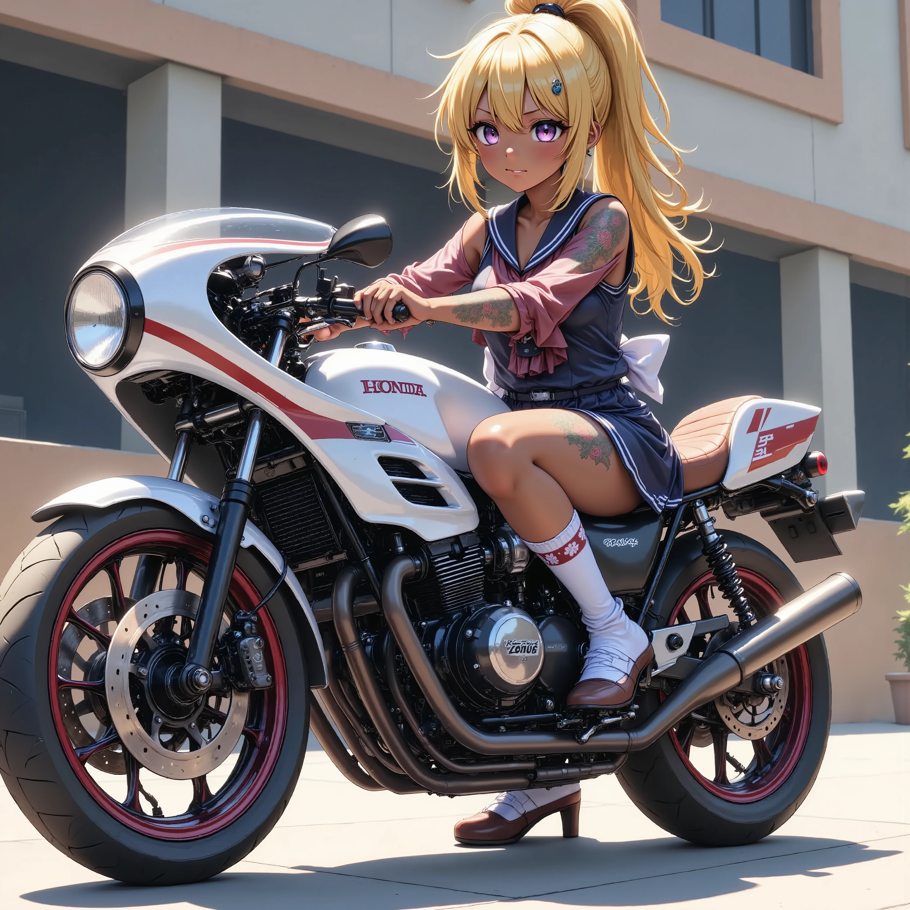   Rides Motorbike  　+  Honda CBX400F tuned by a cafe racer　+ matte brown skin + sailor suit　+  loose socks　+  rocket cowl  　、 top quality,  