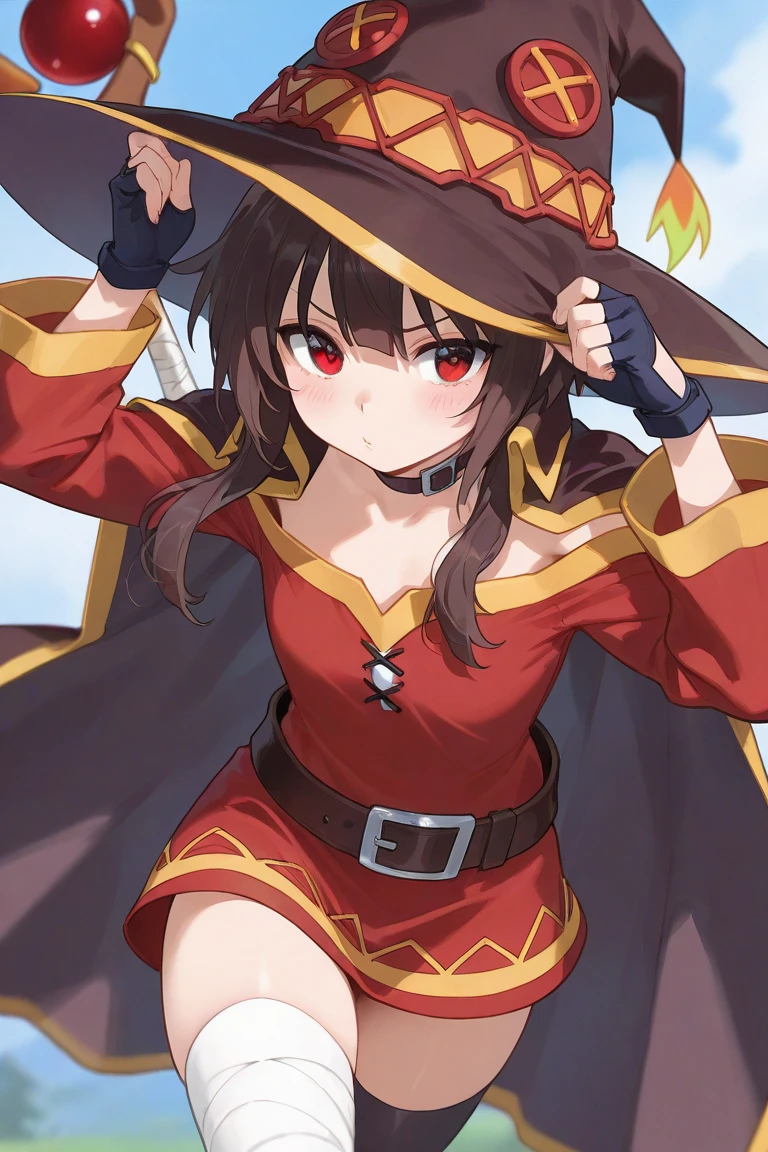 ((masterpiece)), (best quality:1.7), (detailed:1.4), (high res:1.4), 8k, (colorful:1.5), 2d, high resolution, sharped image, 4k, hd, megumin_konosuba, 1girl, (((solo))), ((black hair)), black thighhighs, wicth, witch hat, brown belt, red eyes, red dress, middle body, cowboy shot, smile, ((medium breasts)), (((cape))), peace symbol, long sleeves, cleavage, legs, long legs, school, ((field)), sun, sky, clouds, spread legs, ((looking at viewer)), (((two arms))), (((two hands))), choker, ((black cape)), hands on own hip, belt, nude