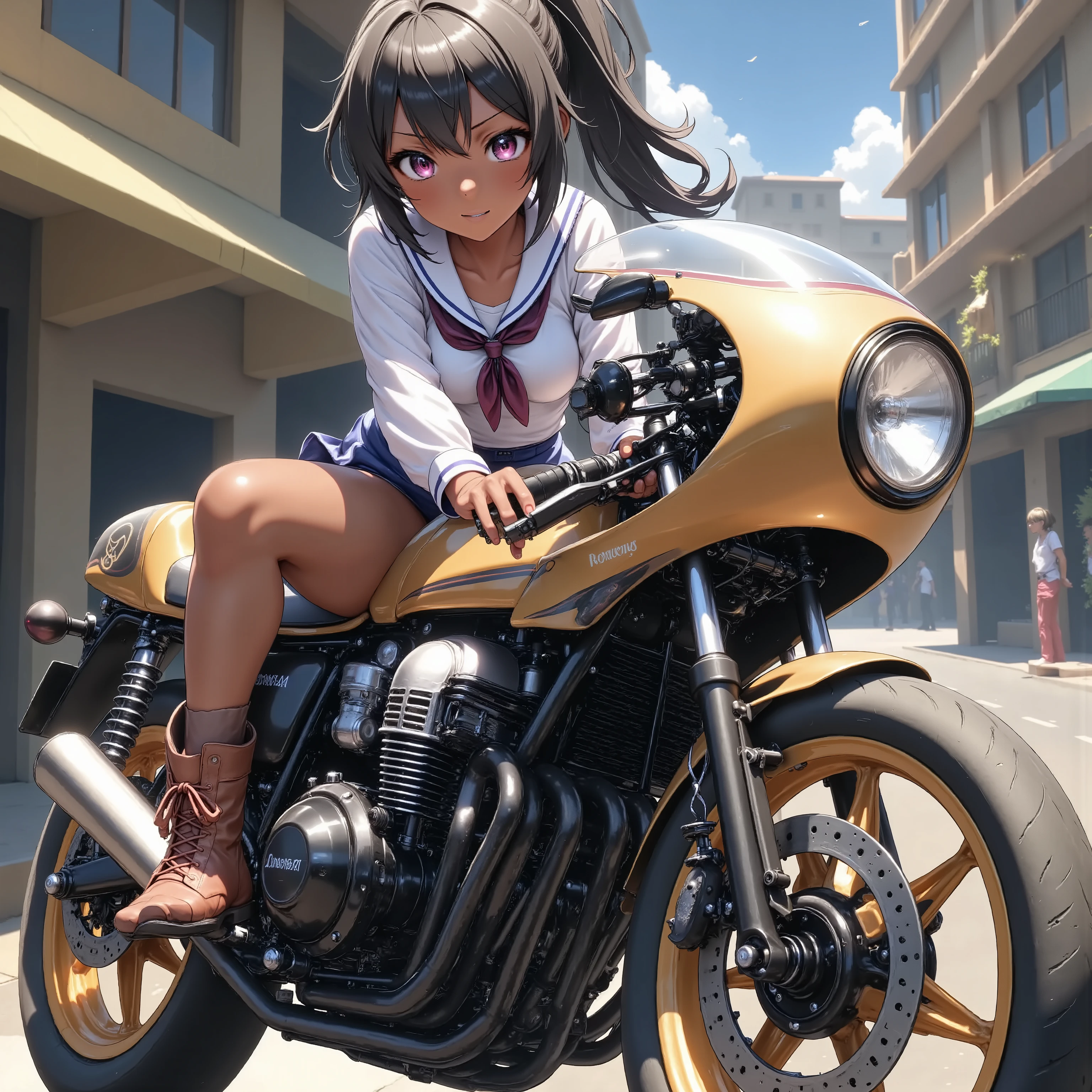 Rides Motorbike + motorbike tuned by a cafe racer + matte brown skin + sailor suit + Tanned leather long boots + rocket cowl 、 top quality,