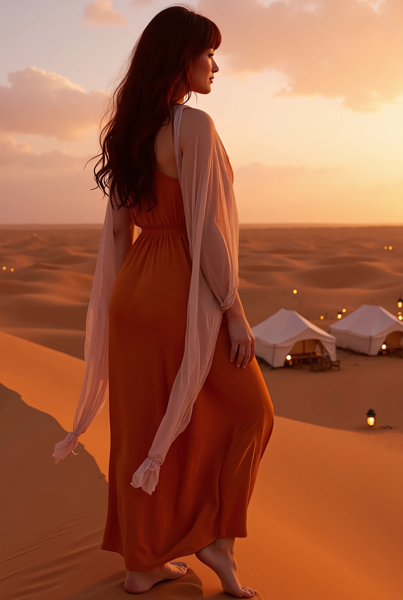 A **hyper-realistic, adventurous desert shot** of a **lightly curvy woman with long, wavy dark red hair and soft bangs**, standing atop a **golden sand dune in the Lompoul Desert, Senegal**, gazing out over the vast landscape as the **sun sets in brilliant shades of orange and pink**. She wears a **flowing burnt-orange maxi dress, her bare feet sinking slightly into the fine sand**, and a **light shawl draped over her shoulders, catching in the breeze**. The **sky transitions into deep indigo as the first stars appear**, and behind her, a **traditional Mauritanian-style tent camp with glowing lanterns and low wooden tables is set up for the night**. The atmosphere is **tranquil, mystical, and cinematic**, capturing the **serene beauty of the desert at twilight**.