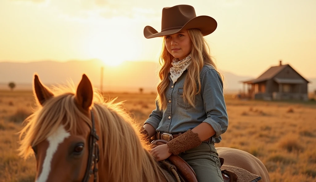 To create a child dressed in black cowgirl attire, with fringe clothes, medium hair, wavy and dark blond and hat, Ana Castela style, on top of a horse spinning a lasso