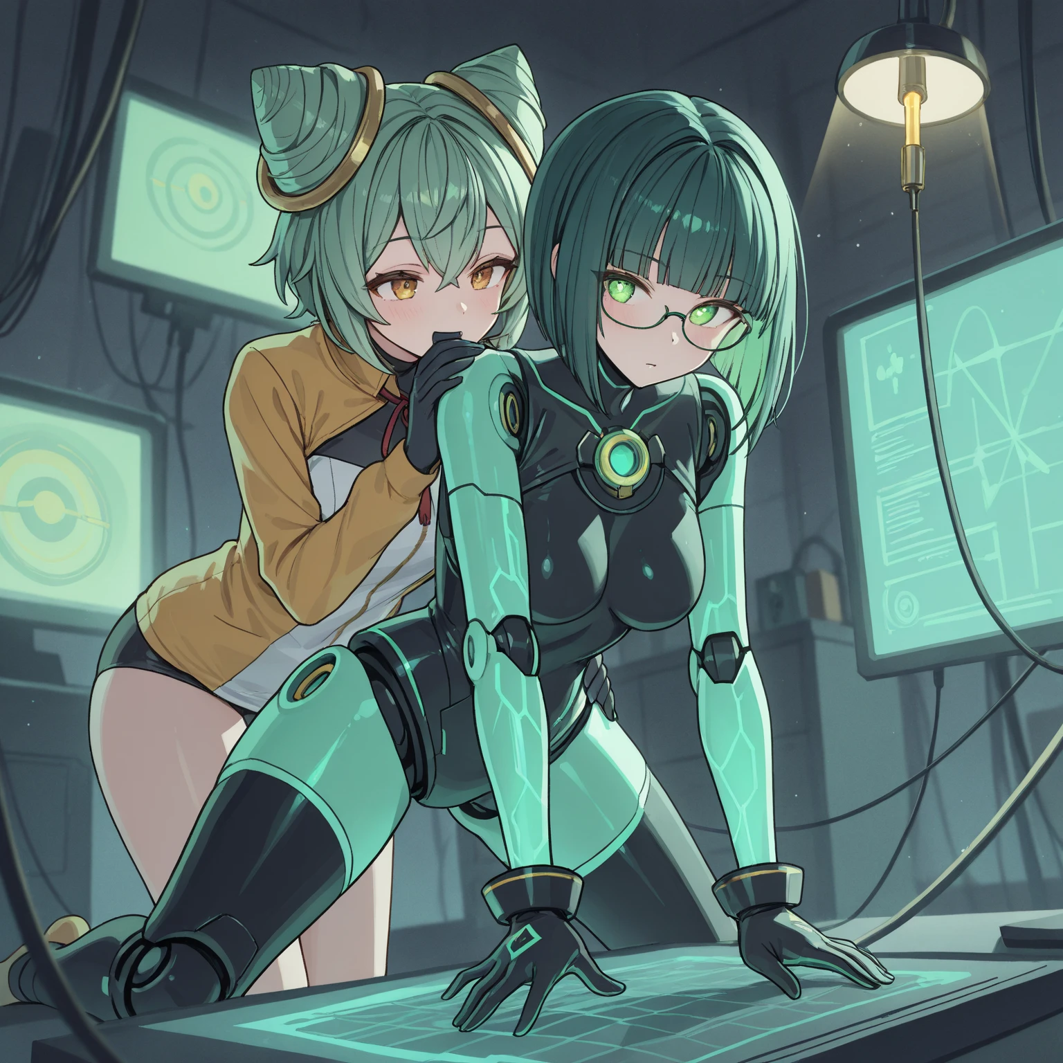 science fiction, machine girls(metallic skin, metallic green hair, short hair, cyber joint, ball joint, green flash eyes, arm armor, leg armor, body armor)