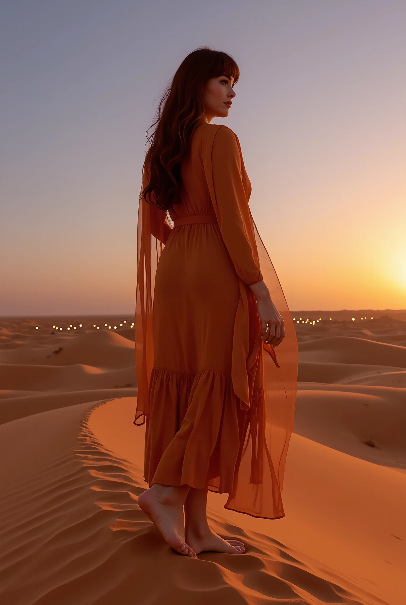 A **hyper-realistic, adventurous desert shot** of a **lightly curvy woman with long, wavy dark red hair and soft bangs**, standing atop a **golden sand dune in the Lompoul Desert, Senegal**, gazing out over the vast landscape as the **sun sets in brilliant shades of orange and pink**. She wears a **flowing burnt-orange maxi dress, her bare feet sinking slightly into the fine sand**, and a **light shawl draped over her shoulders, catching in the breeze**. The **sky transitions into deep indigo as the first stars appear**, and behind her, a **traditional Mauritanian-style tent camp with glowing lanterns and low wooden tables is set up for the night**. The atmosphere is **tranquil, mystical, and cinematic**, capturing the **serene beauty of the desert at twilight**.