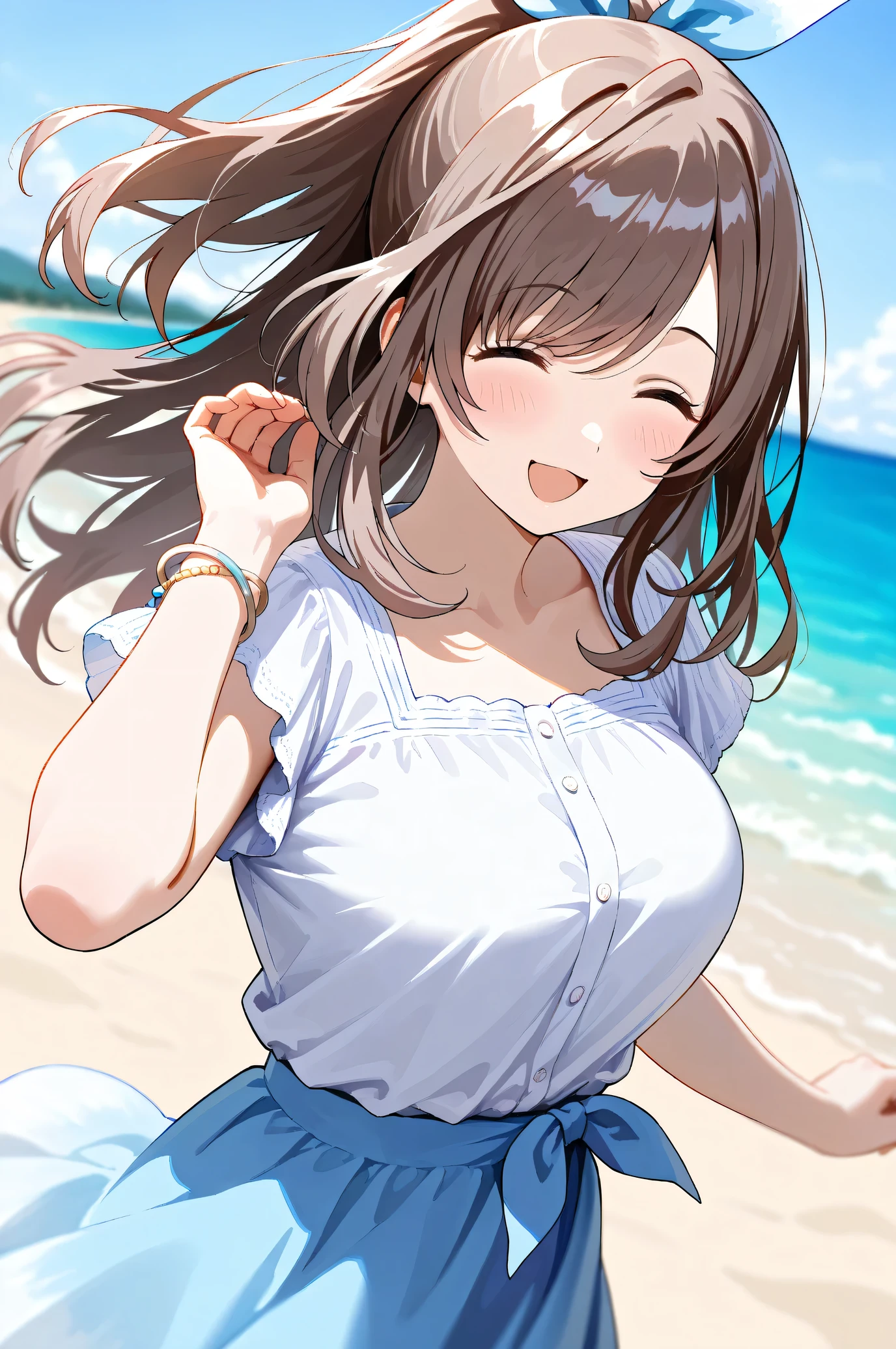 (Masterpiece:1.2), (Highest quality:1.1),
(Very detailed), (The best shape), (Best shadow), (Absurd), (Detailed Background), (So beautiful),
Shiny, Extraordinary, Countershading, 8k, 32K,
High resolution, Very Detailed CG ,
Score_9, Score_8_up, Score_7_up, Source_anime,
(Pastel painting:1.2), (Watercolor painting:1.2),
(Masterpiece, Detailed:1.2), (Foreshortening:1.2),
Cinematic, Dramatic, (Depth of field:1.4),
(Blurry background:1.4), (Realistic background:1.4),
1 girl, Solo, Dynamic angle,
Outdoors, (Coast:1.2), Beach, Wind, (Blue sky:0.8),
Tsukioka Kogane,
the idolmaster shiny colors,
(Brown hair:1.1), Ponytail,
Hair ribbon, Light blue hair ribbon,
(Casual wear:1.3),
(Linen color shirt:1.4), Ruffled cuffs, (Shirt hem:1.2),
(Shirt with tied ends:1.3), short sleeves shirt,
Skirt, Blue skirt, (Gradient skirt:0.8),
Bracelet, Wear a bracelet on her right hand,
(Blush:1.3),
Close up shot,
A smug expression, doyagao,
Close her eyes,
Focus on face,
Realistic skin,
Shiny skin,