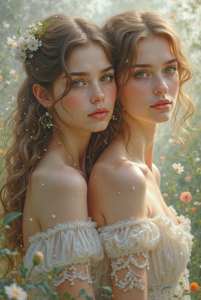 woman, ((18 yo, close-up, portrait)) , fit , (young) , beautiful , (((pale skin, wavy brunette hair))), (((tight t-shirt, busty, dreamy, loving stare, magical fairytale fantasy atmosphere, magical fairytale forest, sexy))), flowers in hair, surrounded by flowers, happy, playful, erect nipples