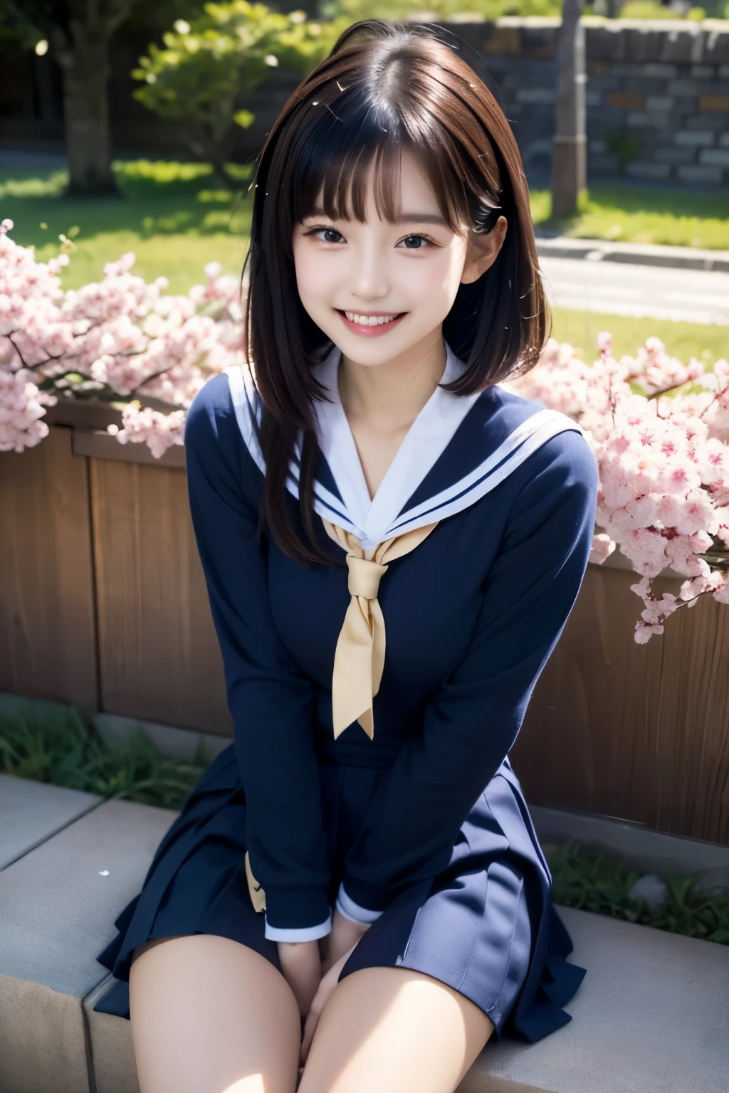 School girl in sailor suit sitting on slope of bank, Japanese, idol face, very high quality, reality, cherry blossom, semi-long, black hair, smiling, long sleeves, full body, Happy smiles and idle faces., short bob, Delicate girl, sophisticated