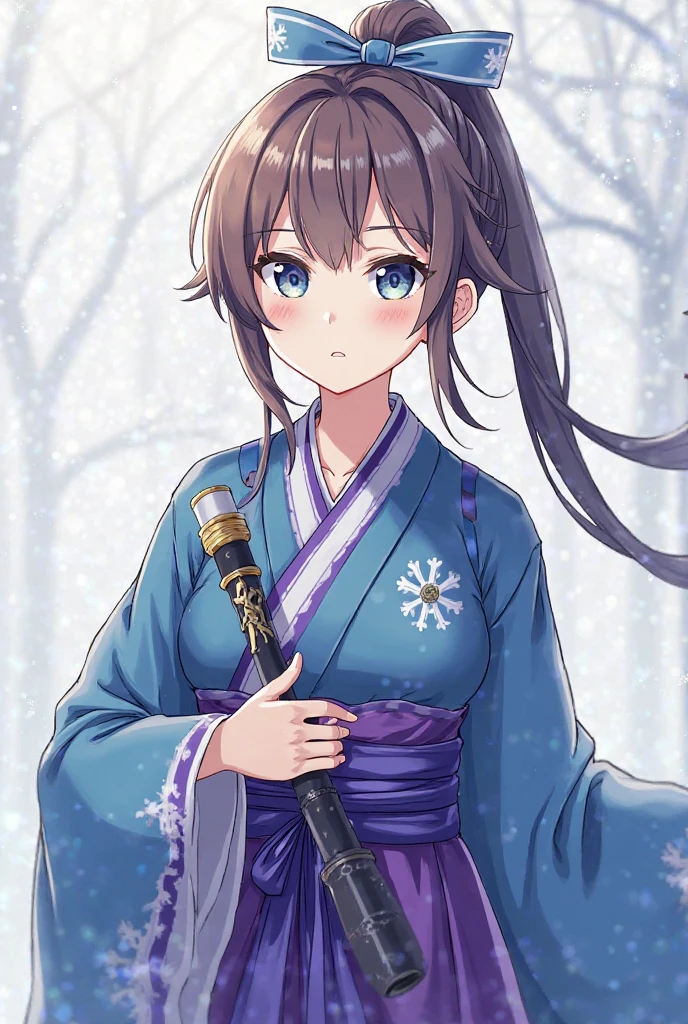 A man wearing a blue and purple Japanese samurai costume,Liu Light Brown Long Hair Women
Anime Characters,25 years old,Skin Snow-white skin,Without earrings,Tie a bundle of ponytails,Snowflake Blue Hair Band,Light makeup
