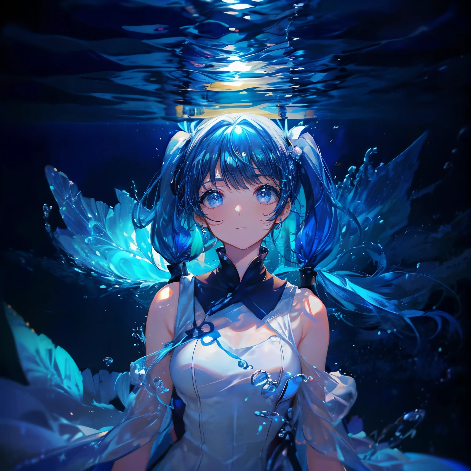Night softness, Girl in the water, blue hair, vivid eyes, reverie, Underwater atmosphere, the anime, Living colors.