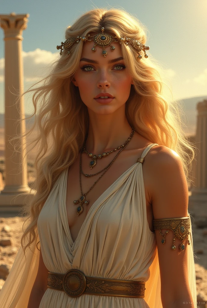 Absurd, ultra-detailed, high quality, masterpiece, detailed face, beautiful eyes(detailed eyes), Greek mythology, Goddess, Hera , the queen of the gods, striking and captivating, features are classically beautiful, with high cheekbones, a perfectly proportioned face, eyes depicted as large and captivating, hold an intense gaze, golden hair , Gole hair is luxuriant and flowing, cascading down her back in waves , wearing elegant robes adorned with intricate patterns , Her beauty is not merely superficial but embodies the essence of power, authority, and regality, good open breast, good booty, realistic, original, wet skin, view to thigh, much torn in cothes, much torn on clothes, sit, open thigh