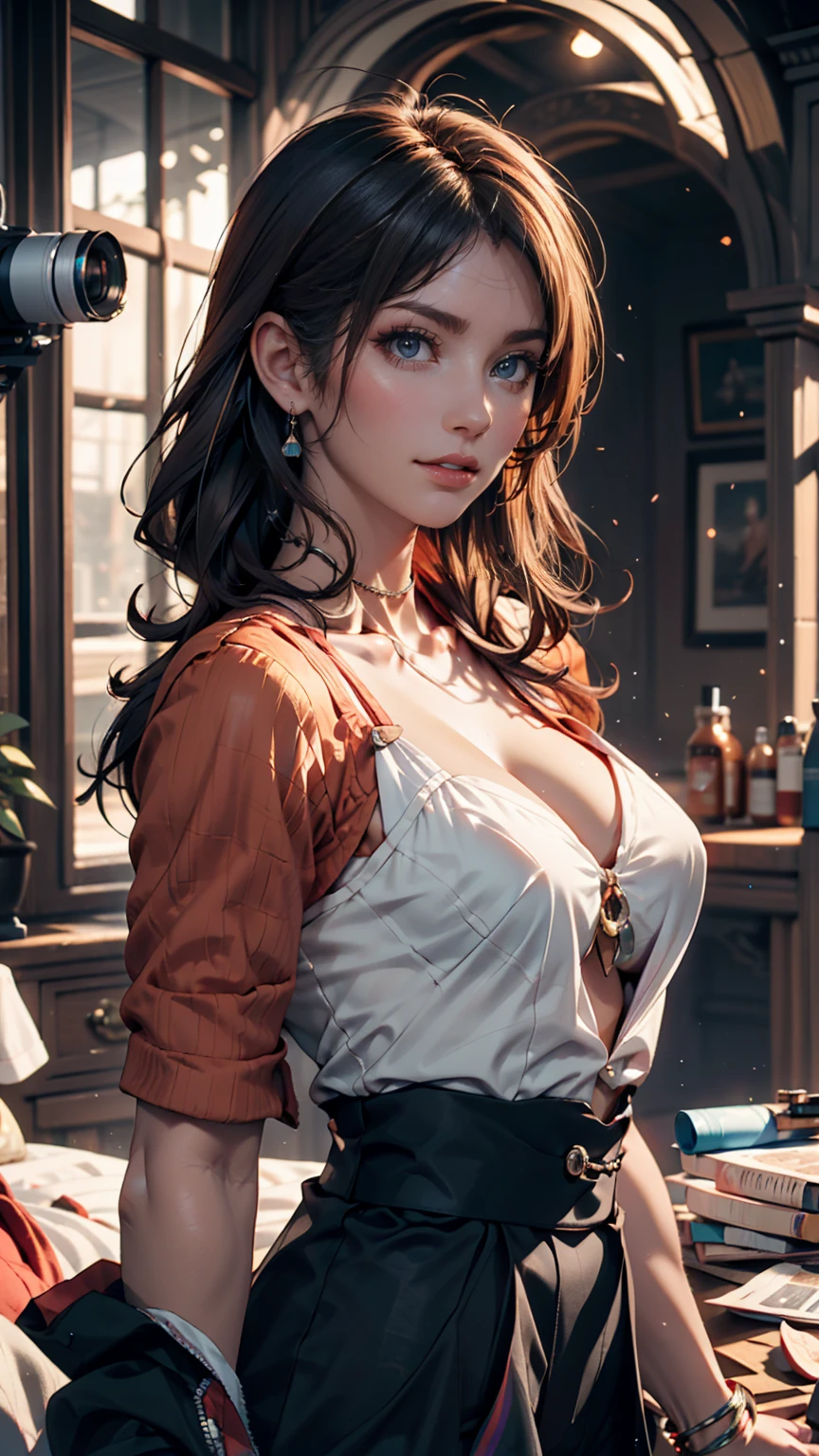 ((masterpiece, Realistic, Highest quality, Very complicated, alone, One girl)), Color connections, Colorized, Vibrant color scheme, colorful, Spot colors, Browsing Caution, (Portraiture, Face Focus), Red nose, Sensual, basement, noon, (Big Tits 1.2), Curvy, (Mature Woman), (Grin:1.2), Hair between the eyes, Knee socks