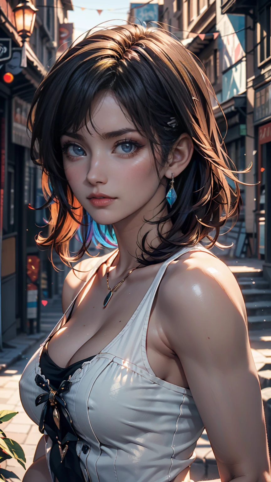 (masterpiece), portrait of a stunning woman in a bar wearing casual clothes, clear facial features, skin pores, brown long hair, ponytail, cute detailed face Cinematic, 35mm lens, f/1.8, accent lighting, global illumination, Screen Space Global Illumination, Scattering, Shadows, Rough, Shimmering, Lumen Reflection, Screen Space Reflections, Diffraction Grading, Chromatic Aberration, GB Displacement, Scam Lines, Ambient Occlusion, Anti-Aliasing, FKAA, TXAA, RTX, SSAO, OpenGL-shader's, Post Processing, Post-Production, Cell shading, Tone Mapping, CGI, VFX, SFX, insaley detailed and intricate, hyper maximalism, elegant, dynamic pose, photography, volumetric, ultra-detailed, intricate details, super detailed, ambient