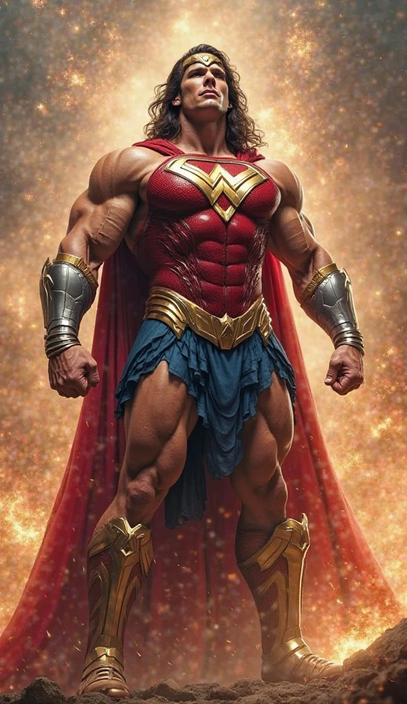(muscular cute beautiful young boy Arion), huge strong biceps volume, enormous round exposed chest muscles volume, strong muscular legs, exposed abs skin, tight trunks, superhero cape, huge cock bulge, mountains background, wavy hair,  oiled up reflective skin, sexy body, side view