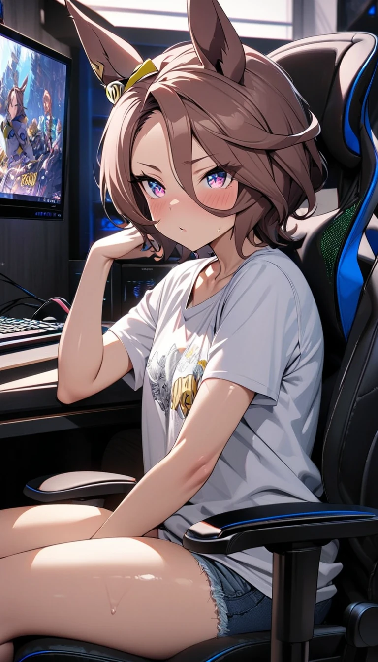 Narita Taishin \(umamusume\),Height: 145cm,,Masterpiece, Best Quality, extremely detailed, intricate, hyper detailed, detailed eyes, (perfect face), (shiny skin, gleaming skin),, nerd room,gaming pc,sitting in a gaming chair,from_side,t-shirt, Half Denim Pants,