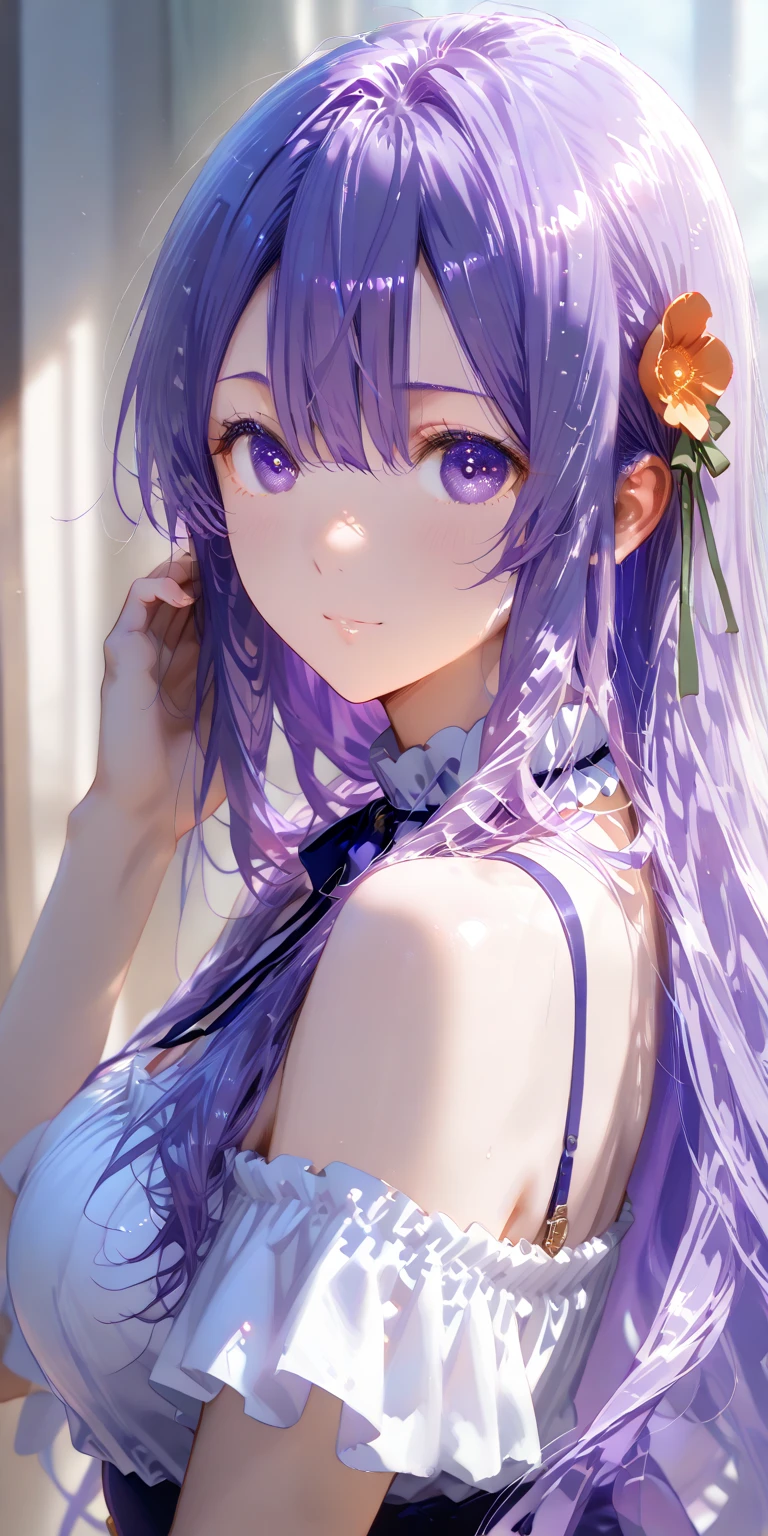 score_9, score_8_superior, score_7_superior,sauce_anime, High-resolution images,masterpiece,Highest quality,girl,Cute Face,Beautiful Skin,_Shogun_Genshin Impact,ベッドのsuperiorで寝転んでいる, Purple long hair
