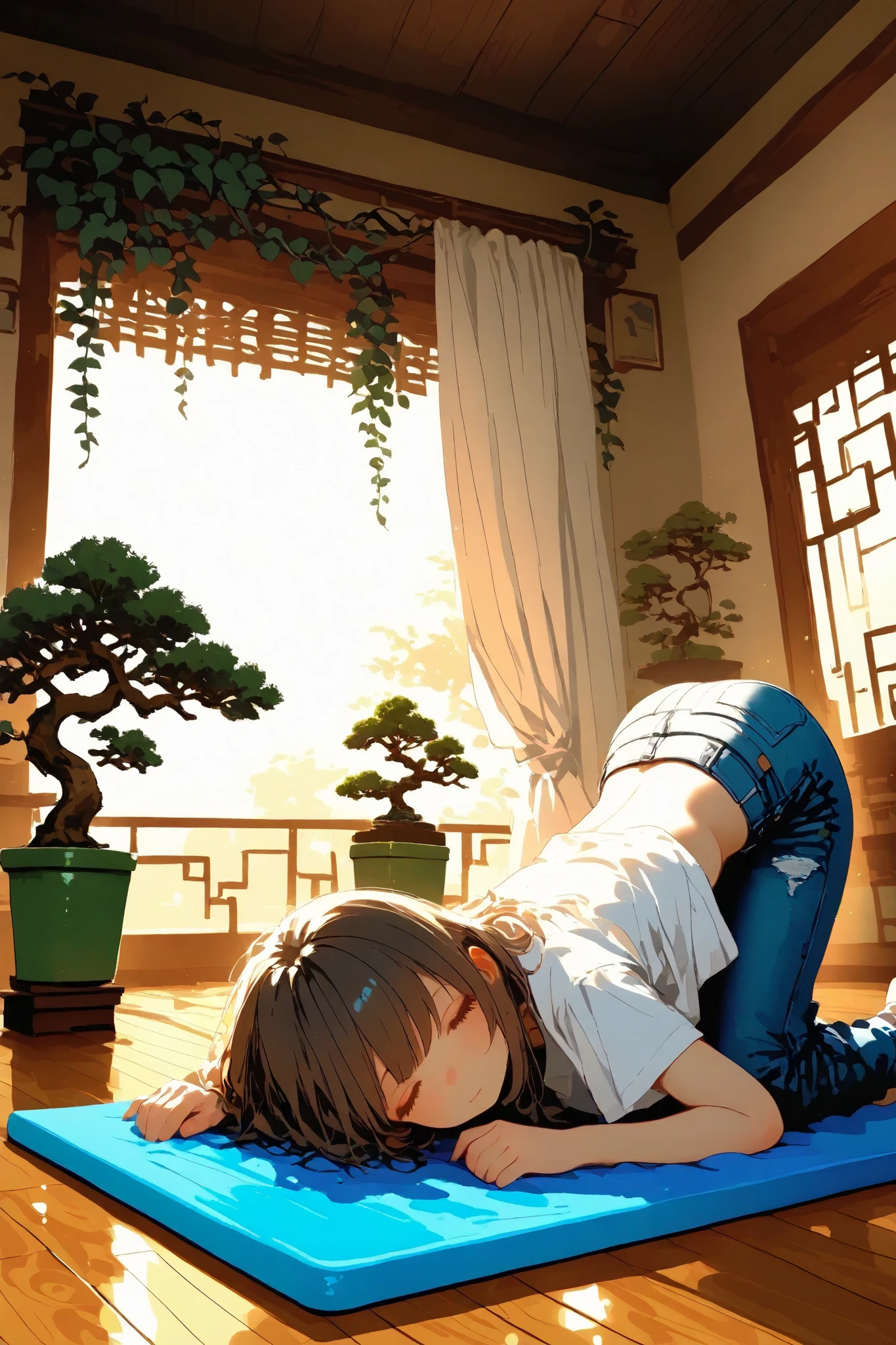 trk,1girl\(t-shirts,jeans,on all fours,top-down bottom-up,looking up\),side view,BREAK,serene modern yoga studio, large floor-to-ceiling windows, natural sunlight, polished wooden floor, warm ambient lighting, soft white curtains, gentle breeze, green potted plants, bonsai, hanging vines, minimalist Zen-inspired design, neutral tones, yoga mats and cushions, peaceful atmosphere, soft natural lighting, Bokeh Effects, Sunlight Diffusion, ultra-realistic, 8K, cinematic depth, high-resolution detailing