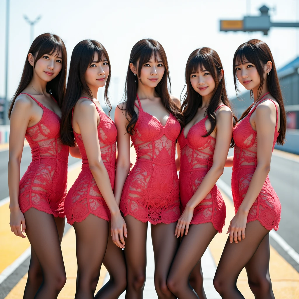 ((top-quality、masterpiece:1.3)), fullllbody, long legged, foco nítido:1.2, Cute 20s woman with perfect body shape smile:1.4, Slender Abs:1.1, ((dark brown hair、hugetits:1.2、Red latex leotard shining with lighting:1.7、long gloves in red latex:1.7、Red Thigh Boots:1.7、Looking at the camera、7 people standing side by side with smiles on their faces:1.4)),(Big city at night、On the roof of a building:1.4) Highly detailed facial and skin texture, A detailed eye, 二重まぶた、hugetits、You can see up to your feet