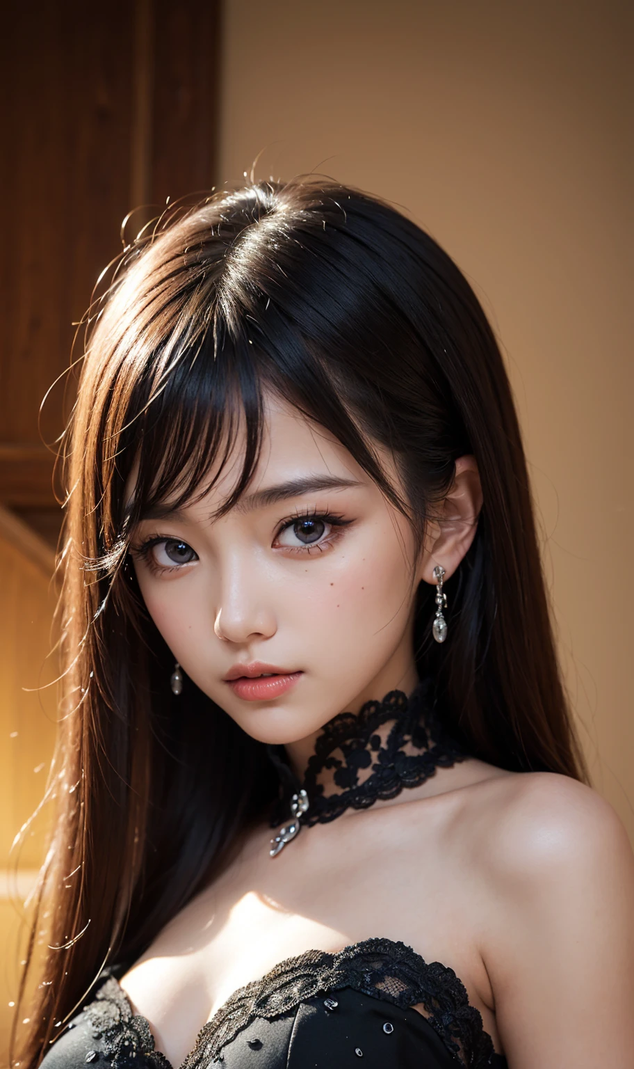 um close up de uma mulher com cabelos longos usando um vestido preto, Ulzzang, cruel korean goth girl, com cabelos longos e olhos penetrantes, rosto sexy com maquiagem completa, Sakimichan, cabelos pretos e olhos grandes, menina coreana, Retrato de Jossi de Blackpink, muito bonita gatinha fofa, linda Delphine, maquiagem sul-coreana popular