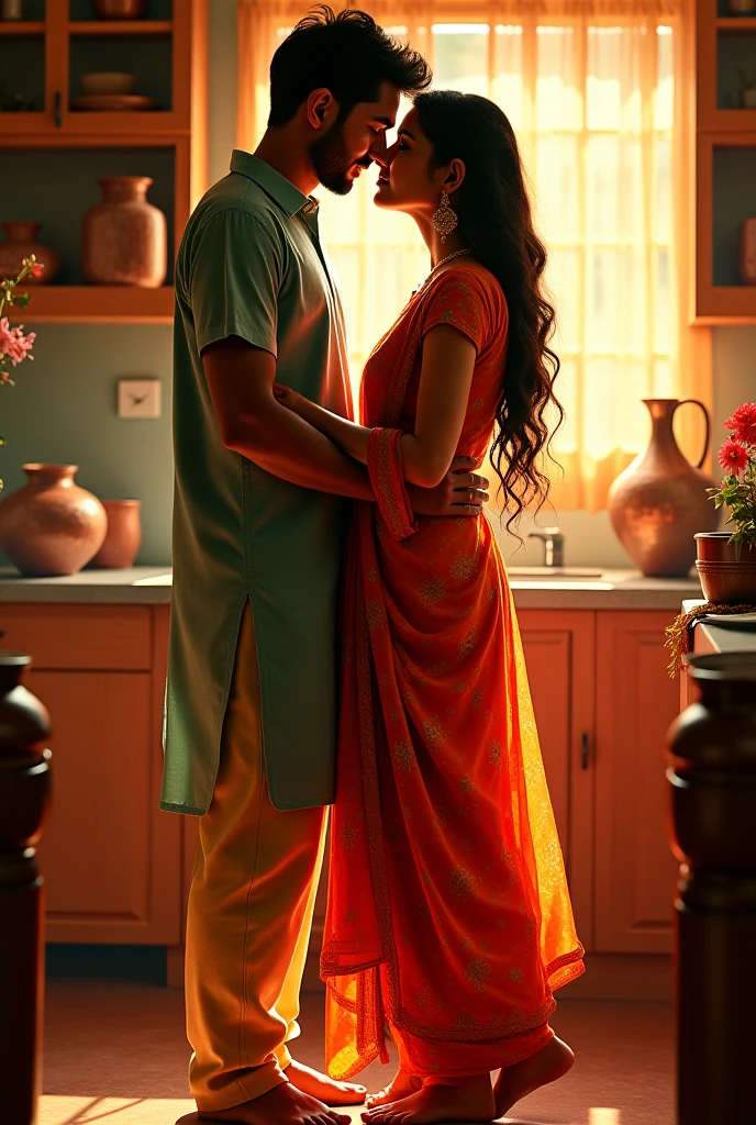 Hindu Brahmin women hug with her Muslim husband cutting meat