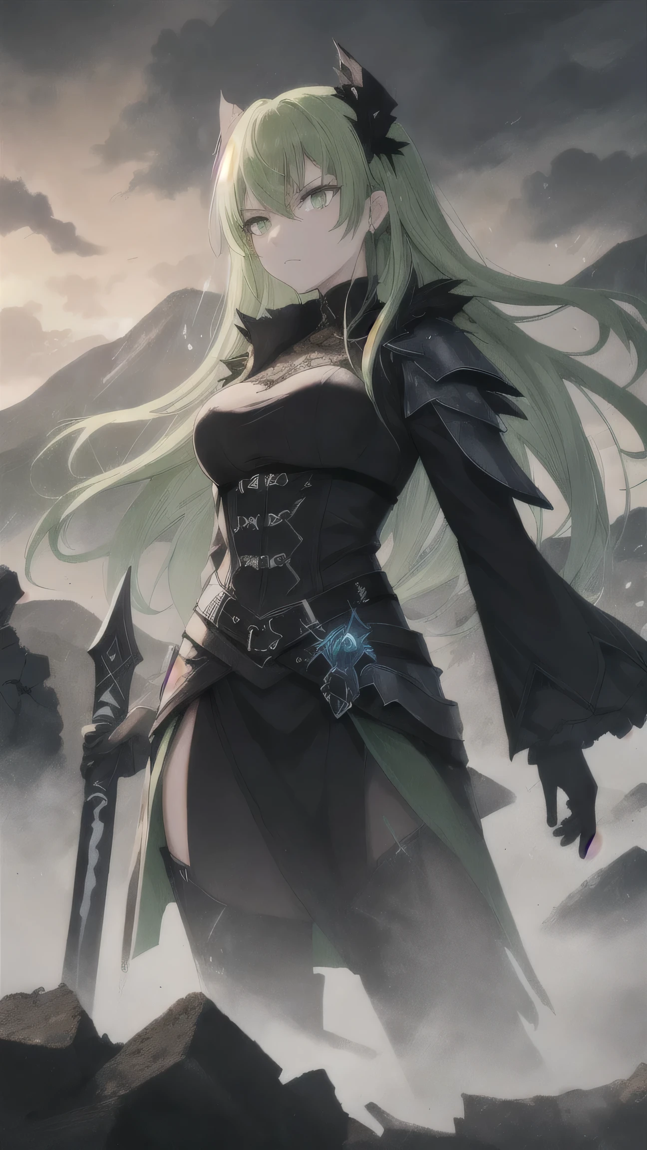 Masterpiece, Best Quality, Top Quality, Very Detailed, A fierce anime-style warrior woman with short, pale green hair and intense glowing green eyes, standing against a dark, apocalyptic landscape. She wears a sleek black gothic combat outfit with intricate lace details, exuding both elegance and danger. Green luminescent liquid splashes across her attire and the surrounding battlefield, as if corrupted energy pulses through the environment. Her determined expression and piercing gaze hint at an untold story of power and vengeance. The shattered, jagged mountains behind her are engulfed in swirling dark clouds, with eerie green light seeping through the cracks of the ruined earth.