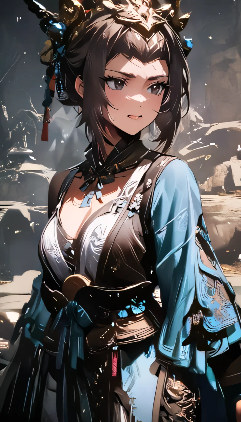 Masterpiece, Best quality, 1 Ji Ruxue, the expression is cold, strong, blue eyes, short hair, wolfcut hairstyle, smoky mix blue color hair, resolute eyes, red lips, simple Taoist Taoist uniform, Chinese mix morden, frontal photo, black or white background, simple background, anime, illustration, Chinese style short-sleeved shirt, cool girl, Ji Ru Xue, Fullbody, blank background , full HD, full body, leggy, standing position, simple background