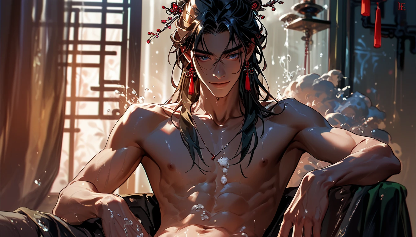 (Chinese Handsome: 1.5), man standing in front of waterfall, green hair, sword, Japanese sword, Japanese samurai, realistic details, realistic photos, abs, shirtless textured skin, looking into the camera, 18 years old boy, studio, mode