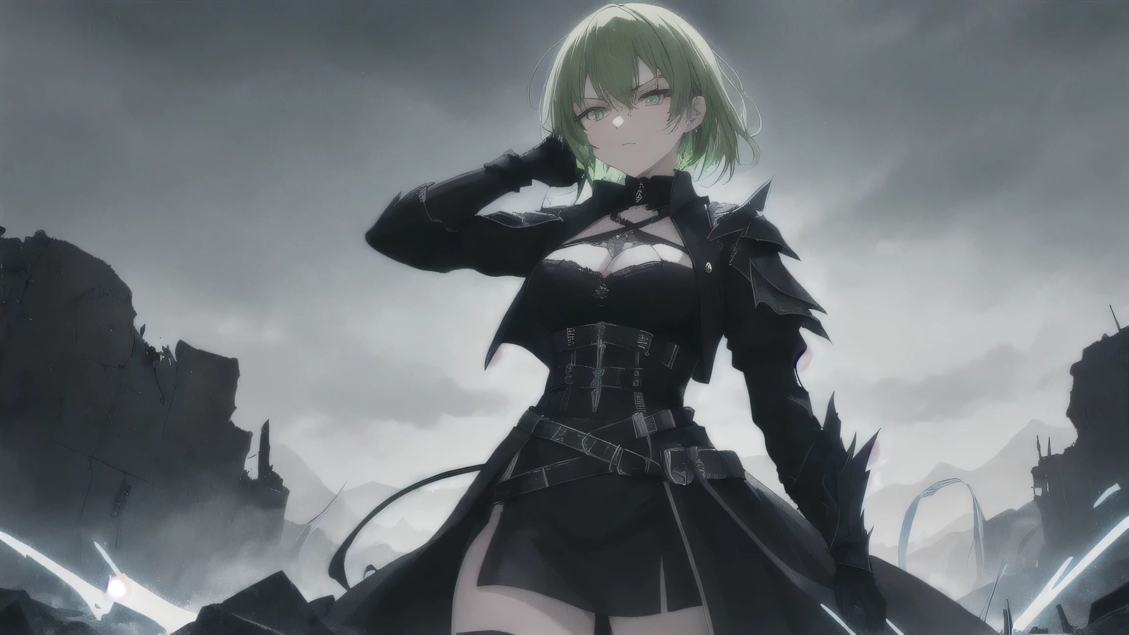 Masterpiece, Best Quality, Top Quality, Very Detailed, A fierce anime-style warrior woman with short, pale green hair and intense glowing green eyes, standing against a dark, apocalyptic landscape. She wears a sleek black gothic combat outfit with intricate lace details, exuding both elegance and danger. Green luminescent liquid splashes across her attire and the surrounding battlefield, as if corrupted energy pulses through the environment. Her determined expression and piercing gaze hint at an untold story of power and vengeance. The shattered, jagged mountains behind her are engulfed in swirling dark clouds, with eerie green light seeping through the cracks of the ruined earth.