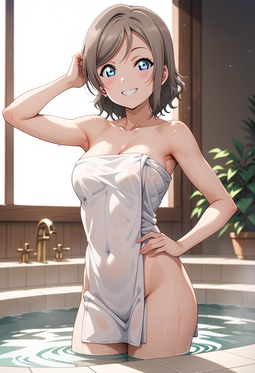 、(masterpiece、Highest quality)、Highest quality, Ultra-high resolution, (((masterpiece))), alone, Sweat、Big eyes, Composition from the front、Shortcuts、Embarrassed face、Bronze colored hair、Cut the back hair short、Bathroom、Shower scene、 Expose、Completely naked、pubic hair、belly button、Large areola、Nipples、short hair
