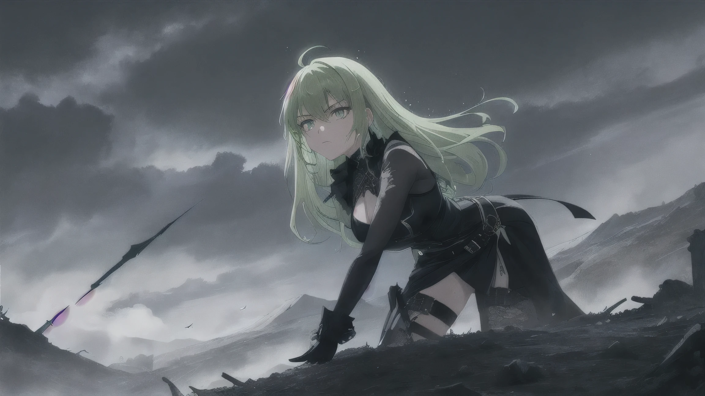 Masterpiece, Best Quality, Top Quality, Very Detailed, A fierce anime-style warrior woman with short, pale green hair and intense glowing green eyes, standing against a dark, apocalyptic landscape. She wears a sleek black gothic combat outfit with intricate lace details, exuding both elegance and danger. Green luminescent liquid splashes across her attire and the surrounding battlefield, as if corrupted energy pulses through the environment. Her determined expression and piercing gaze hint at an untold story of power and vengeance. The shattered, jagged mountains behind her are engulfed in swirling dark clouds, with eerie green light seeping through the cracks of the ruined earth.