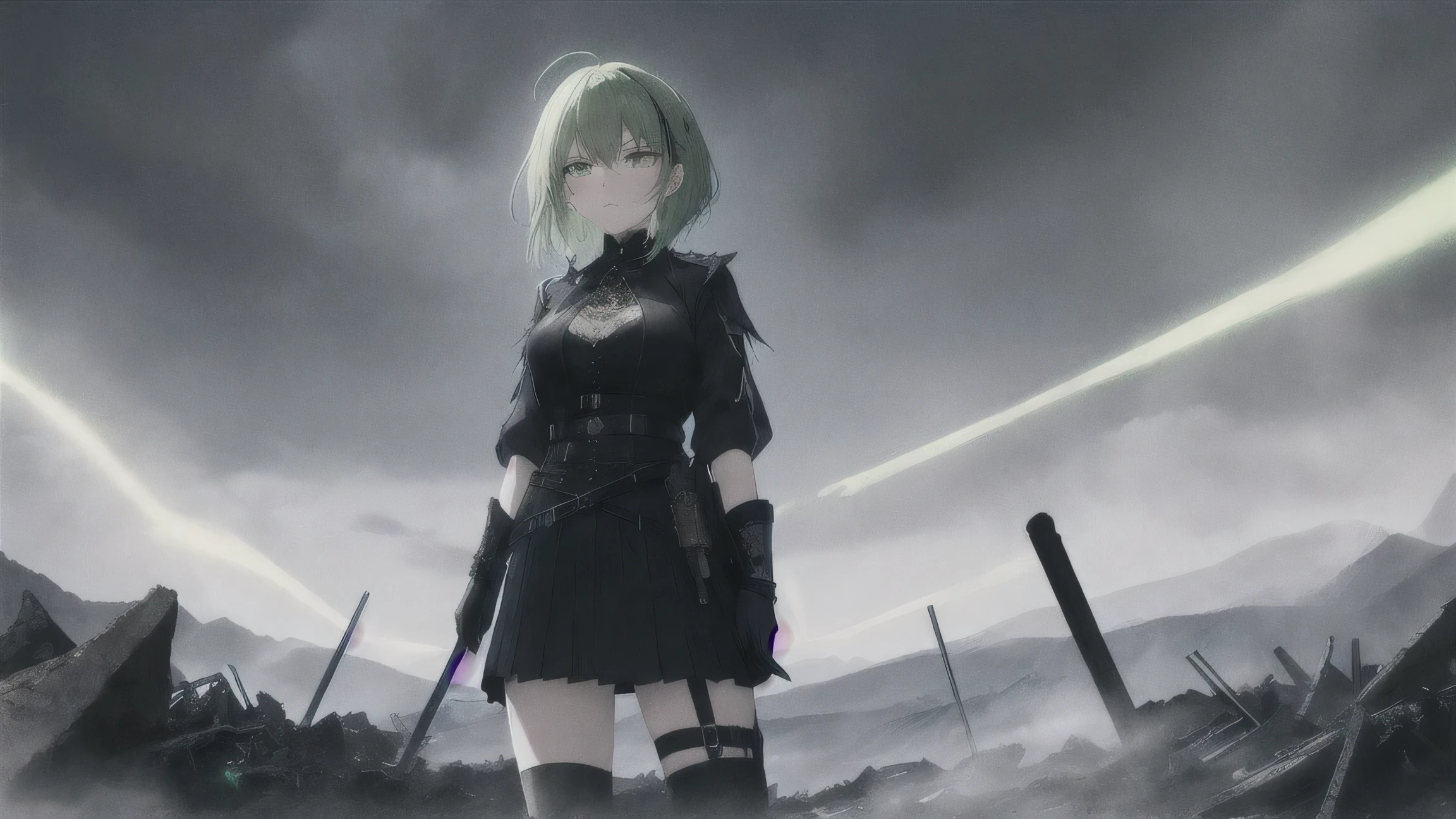 Masterpiece, Best Quality, Top Quality, Very Detailed, A fierce anime-style warrior woman with short, pale green hair and intense glowing green eyes, standing against a dark, apocalyptic landscape. She wears a sleek black gothic combat outfit with intricate lace details, exuding both elegance and danger. Green luminescent liquid splashes across her attire and the surrounding battlefield, as if corrupted energy pulses through the environment. Her determined expression and piercing gaze hint at an untold story of power and vengeance. The shattered, jagged mountains behind her are engulfed in swirling dark clouds, with eerie green light seeping through the cracks of the ruined earth.
