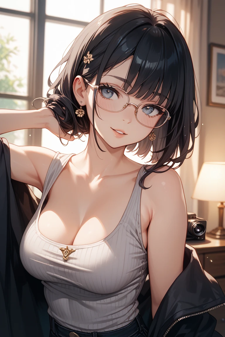 winter、Tatami room、、Sweat、(((((Eyes hidden by long bangs)))))、(((Long black hair:1.2)))(((Black-rimmed glasses:1.2　black eye)))、Deep shadow light、Moonlit night、Tatami room、Look at this、Focus on the face、Face close-up、your 、Beautiful breasts、glamorous、Sexy Lingerie、Sweatだく、Cowboy Shot、Are standing、Disheveled Hair、avert your eyes、Narrow waist、Beautiful Abs