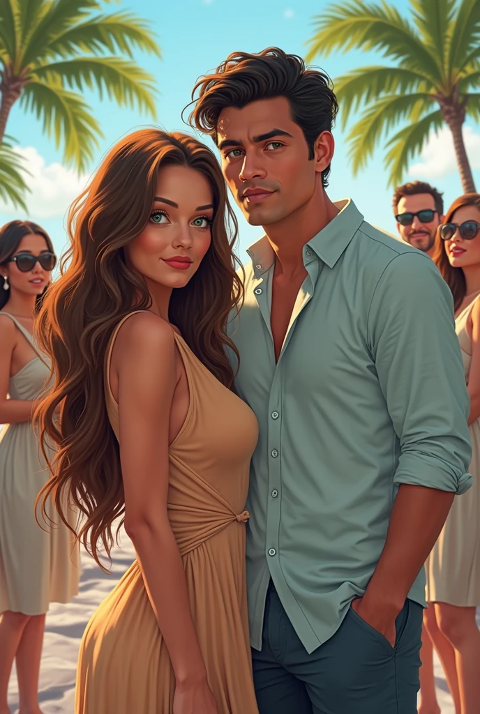 One illustration of sexy Young Family, sun-kissed skin, glossy beach waves hair, high-quality artwork, vibrant colors, tropical nude beach setting, detailed facial features, seaside, detailed eyes, professional, warm lighting, sexy, full naked, Males with penis