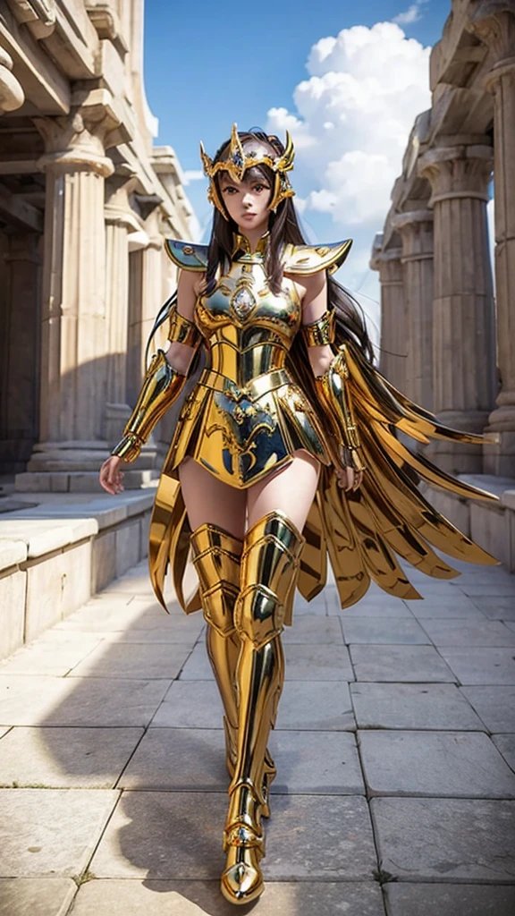 uma mulher em um traje dourado e capa azul posando para uma foto, girl of the zodiac knights, angelic armadura dourada, portrait girl of the zodiac knights, o marinheiro Galaxia. lindo, armadura deslumbrante, armadura dourada, body armadura dourada, sleek Armadura de Ouro, wearing Armadura de Ouro, Knights of the Zodiac, wearing armadura dourada, armadura dourada brilhante, Armadura de Ouro, cosplay ornamentado, light Armadura de Ouro