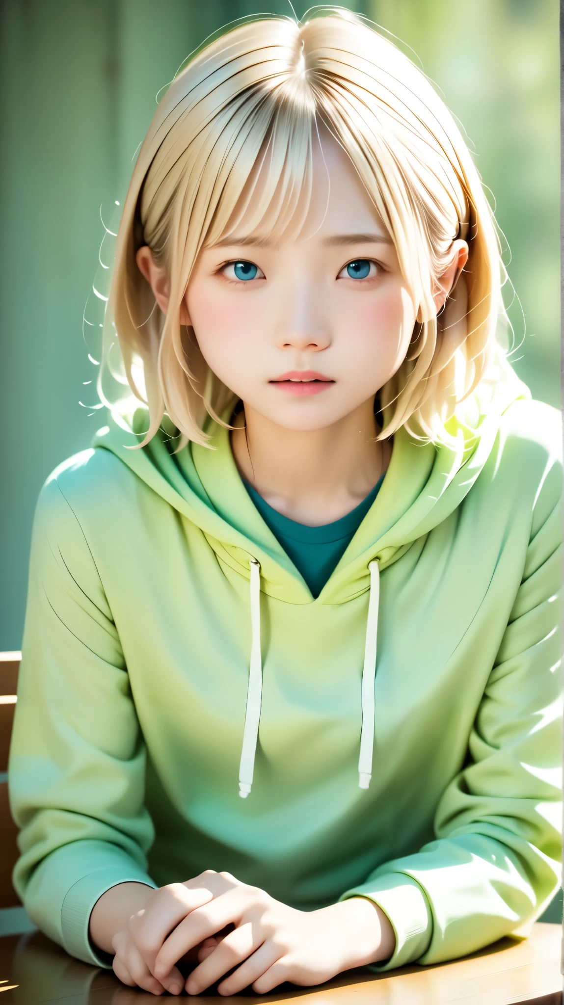 (top quality, table top:1.2, ultra high definition, realistic:1.5), RAW photo, FILM GRAIN、Japanese woman, pretty girl, clear white skin 、hoodie 、Look away 、thin, soft and smooth hair 、 top quality 、 nothing 、 one girl 、blond hair、 My Room、 succulents、