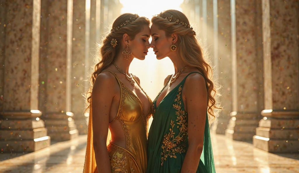 Draw a young blonde woman with blue eyes with a generous shape which would represent Athena on a throne surrounded by people who caress her with love one of the people is a woman with straight brown hair but with volume Latino type representing Hera who is trying to kiss her another woman with curly brown hair and bluish green eyes represents Aphrodite who caresses her legs, a woman who looks like Monica Belluchi representing Artemis behind her touching her hair with a bow and arrow and a 24 year old guy with curly brown hair holding her shoulders representing Hefaistos