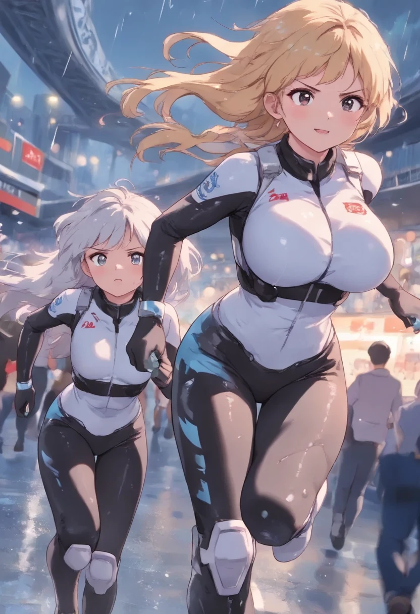 twins,(Two Girls),((standing on the right,Blonde twin tails)),(((Stand on the left,Blonde ponytail))),(Very curled hair,Blue ribbon,Bright blue eyes,freckles),(mega breasts),high school girl,BREAK,((Skin-tight clothing,Sweat,Wet clothes)),Road bike,bicycle,