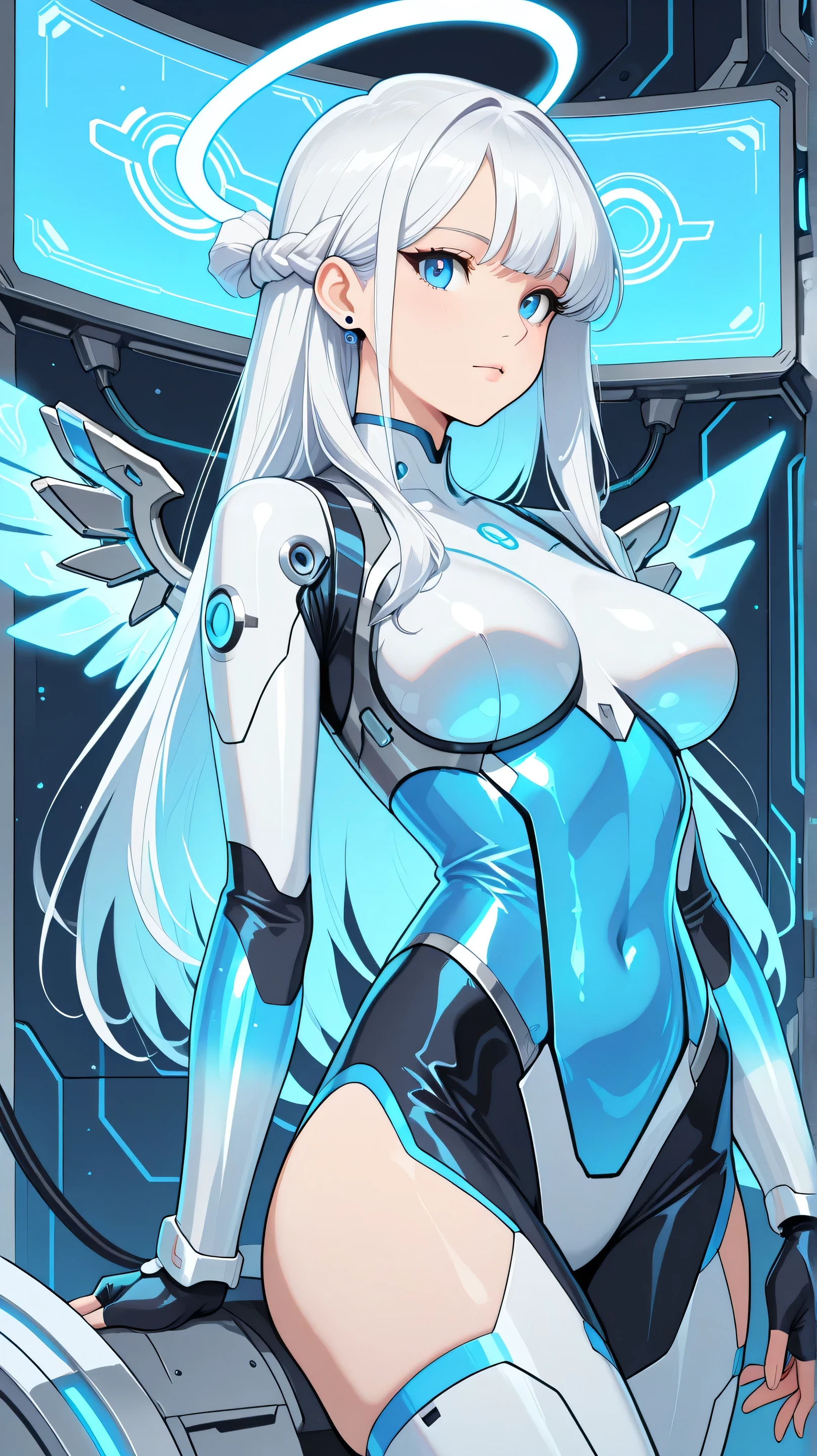 Masterpiece, Best Quality, Top Quality, Very Detailed, A futuristic anime-style female cyborg with flowing white hair and piercing blue eyes, standing in a high-tech environment filled with glowing blue circuits and mechanical structures. She wears a sleek, white cybernetic outfit adorned with intricate mechanical components, glowing blue energy cores, and metallic wing-like attachments. A radiant blue halo-like energy ring hovers behind her head, giving her an ethereal yet powerful presence. The background consists of a massive, advanced technological complex with floating holographic displays and sleek metallic structures, illuminated by neon blue lights. Her expression is serene yet determined, as if she is a guardian of a futuristic utopia.