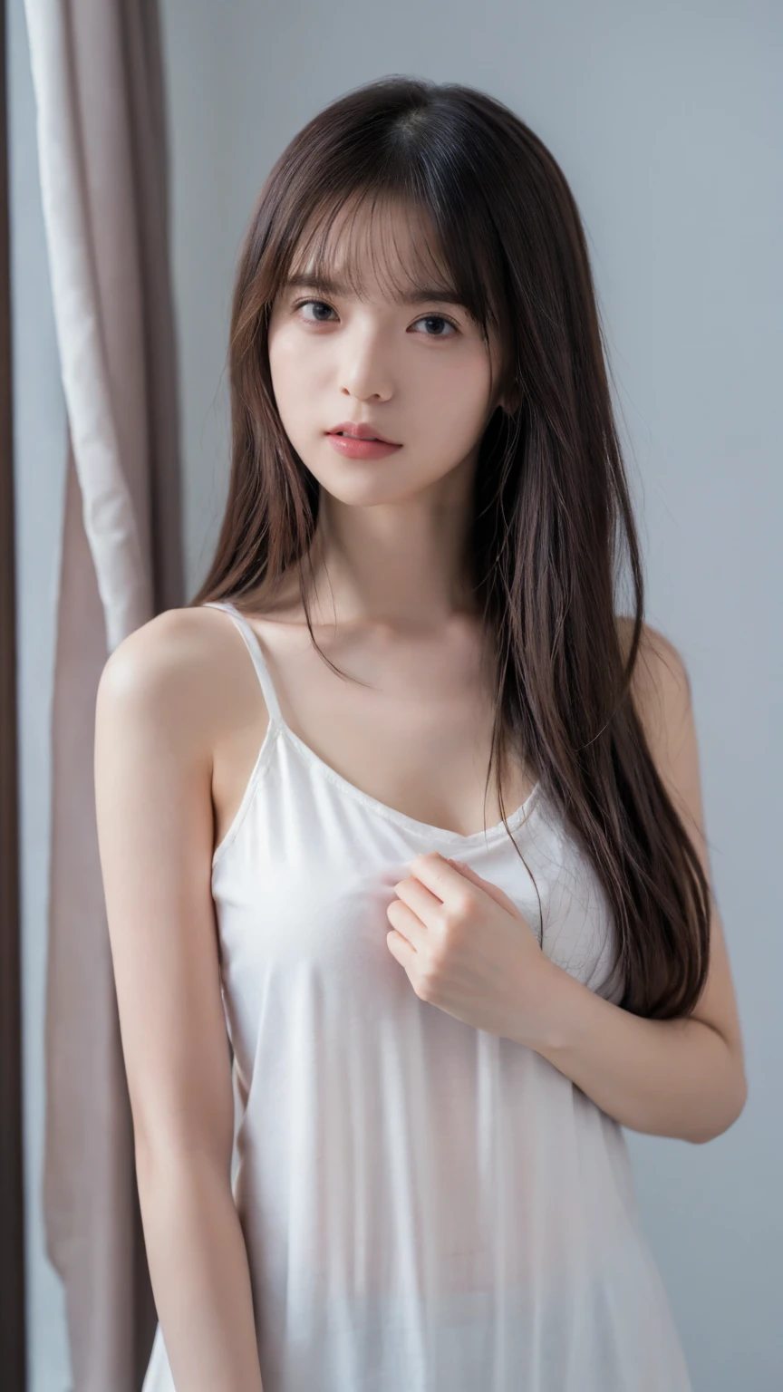(masterpiece:1.0)、(top-quality:1.4)、(超A high resolution:1.2)、(Photorealsitic:1.4)、(8K、Raw photography:1.2)、(softfocus:1.4)、(18year old:1.3)、(foco nítido:1.4)、detailed beautiful faces、A slender、(White camisole:1.4)、(Flat bust、small tit:1.4)、at bedroom、