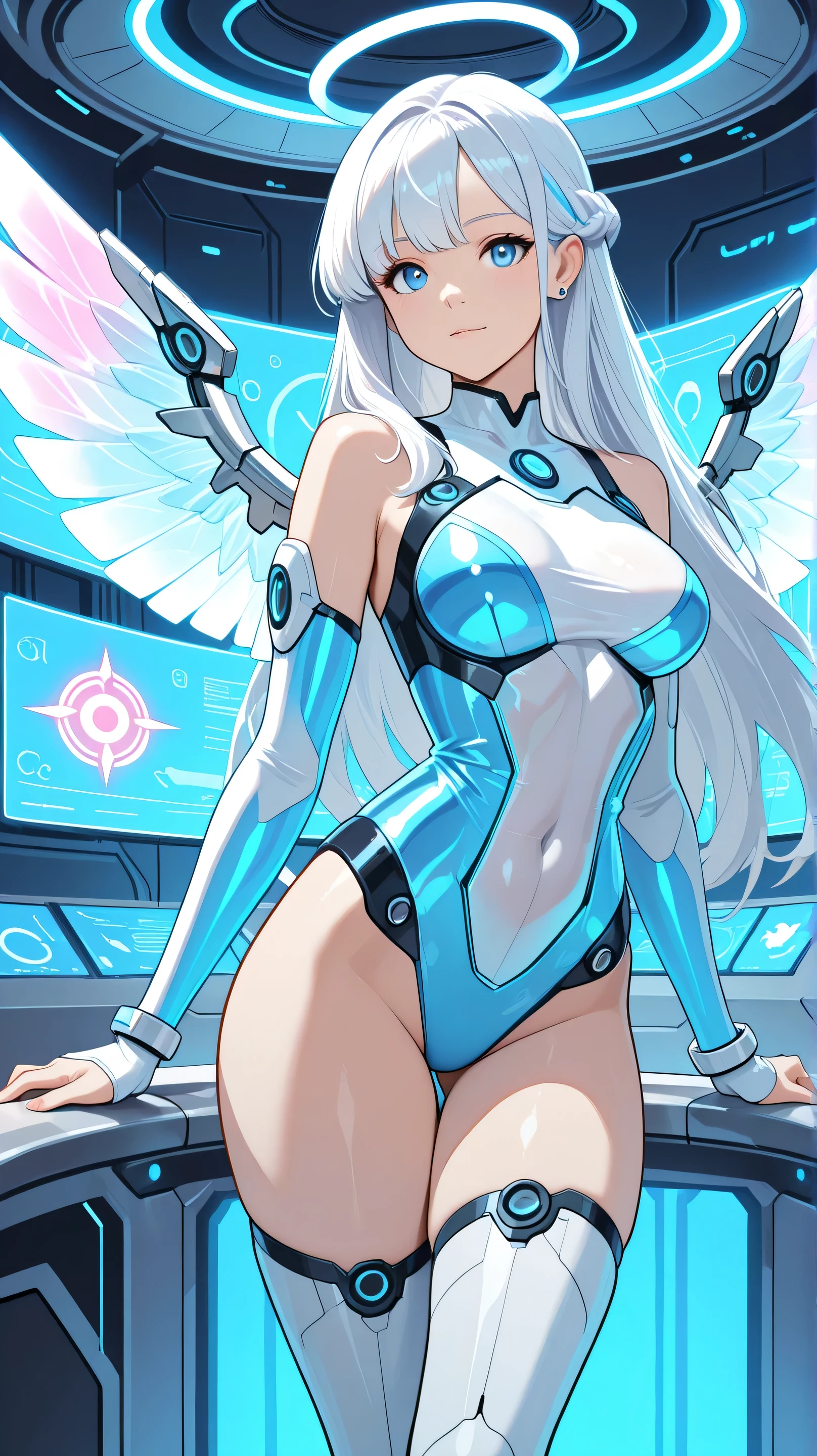 Masterpiece, Best Quality, Top Quality, Very Detailed, A futuristic anime-style female cyborg with flowing white hair and piercing blue eyes, standing in a high-tech environment filled with glowing blue circuits and mechanical structures. She wears a sleek, white cybernetic outfit adorned with intricate mechanical components, glowing blue energy cores, and metallic wing-like attachments. A radiant blue halo-like energy ring hovers behind her head, giving her an ethereal yet powerful presence. The background consists of a massive, advanced technological complex with floating holographic displays and sleek metallic structures, illuminated by neon blue lights. Her expression is serene yet determined, as if she is a guardian of a futuristic utopia.