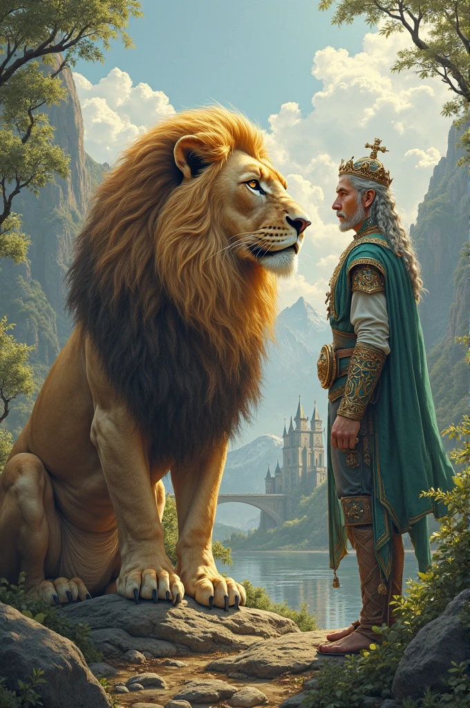 Realistic King Peter and Lion Aslan, the chronicles of narnia, side by side, morning light, smooth lighting, smooth, epic, realistic art, movie scene style, (backlighting: 1.2), (flowering: 1.2), (bright light: 1.1), (chromatic aberration: 1.2), sharp focus, high contrast, (cinematic lighting: 1.2), movie trailer image, fantasy movie, (screen lighting: 1.1) Realism, Ultra-Wide Angle, 135mm, atmospheric perspective, 8k, super detail, award winning, textured skin, super detail, 16k, anatomically correct