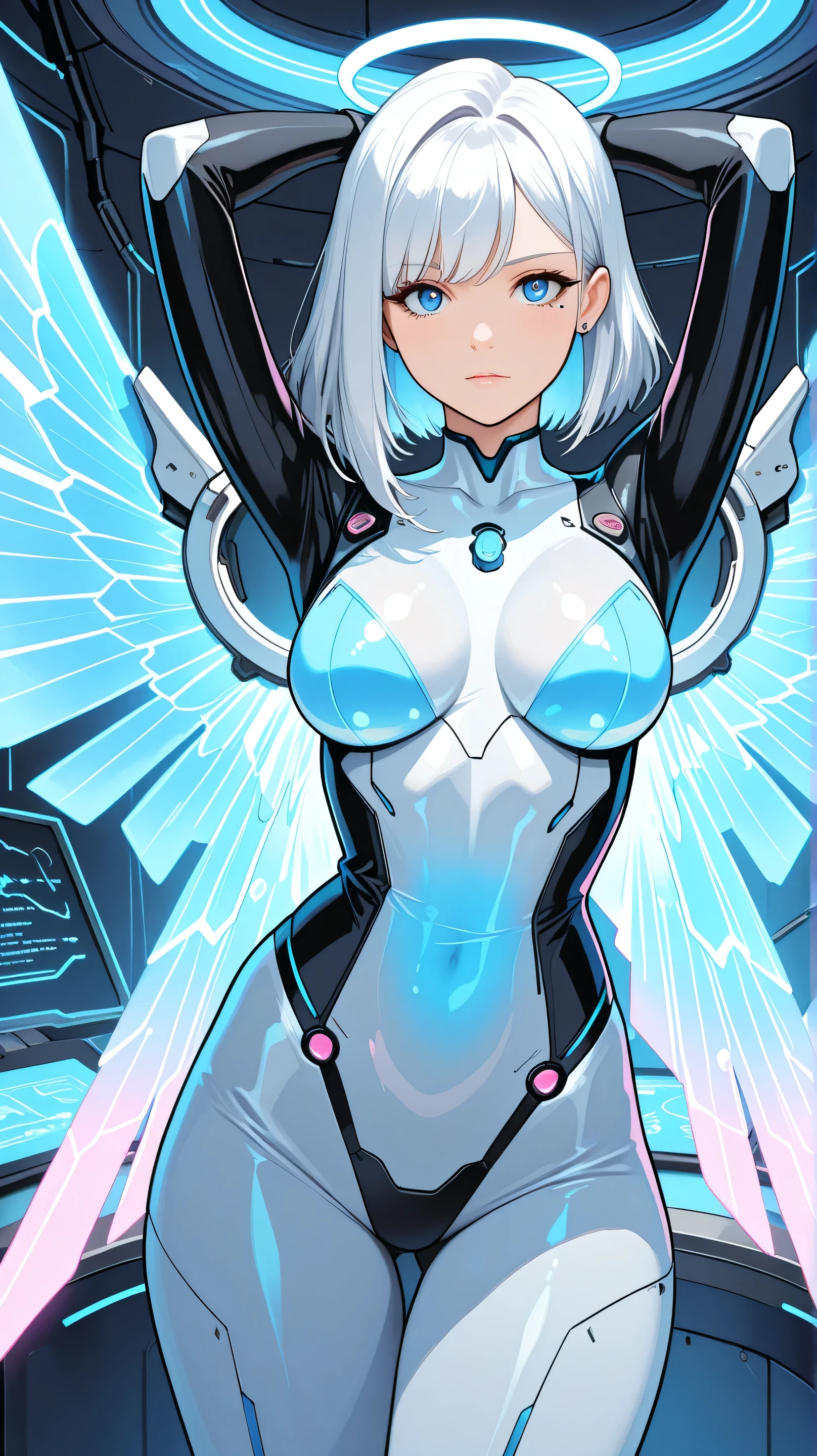 ((((masterpiece, 32K, high quality, very_high_resolution, large_filesize, full color)))) ((nsfw)), (((Hatsune Miku VOCALOID))), (twintails), ((long hair)), ((grey skin:1.4)), (silver metal hair), ((full nude)), upper body, (Limb restraints with arms outstretched), be taken in by a machin, ((Mechanical tentacles entwine around the body)), the body is part of the machine, fear and despair, both eyes closed, The body surface is dyed with a silvery film, silver skin, silver hair,restrained, (The machine takes in the girl), The lower body is assimilated with the machine, Ultimate physical beauty, ((inside the d (body glowing silvery), (super detailed skin), high resolution, anime style, (body_unite), (tentacles), (liquid metal girl)
