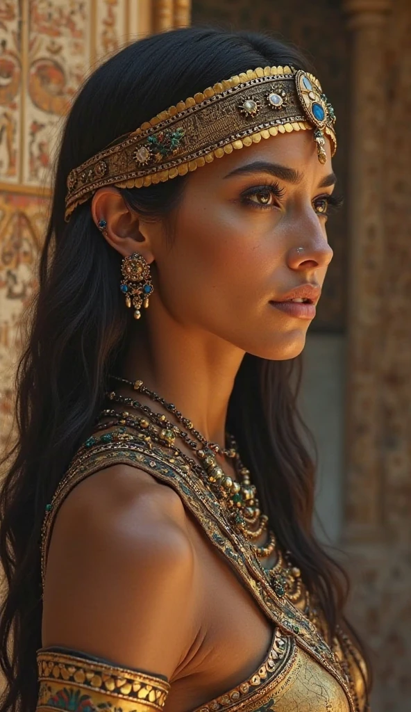 Create an image of Ancient Egyptian men and women with shaved heads to prevent lice, wearing elaborate wigs made of human hair or other materials, showcasing their grooming practices.