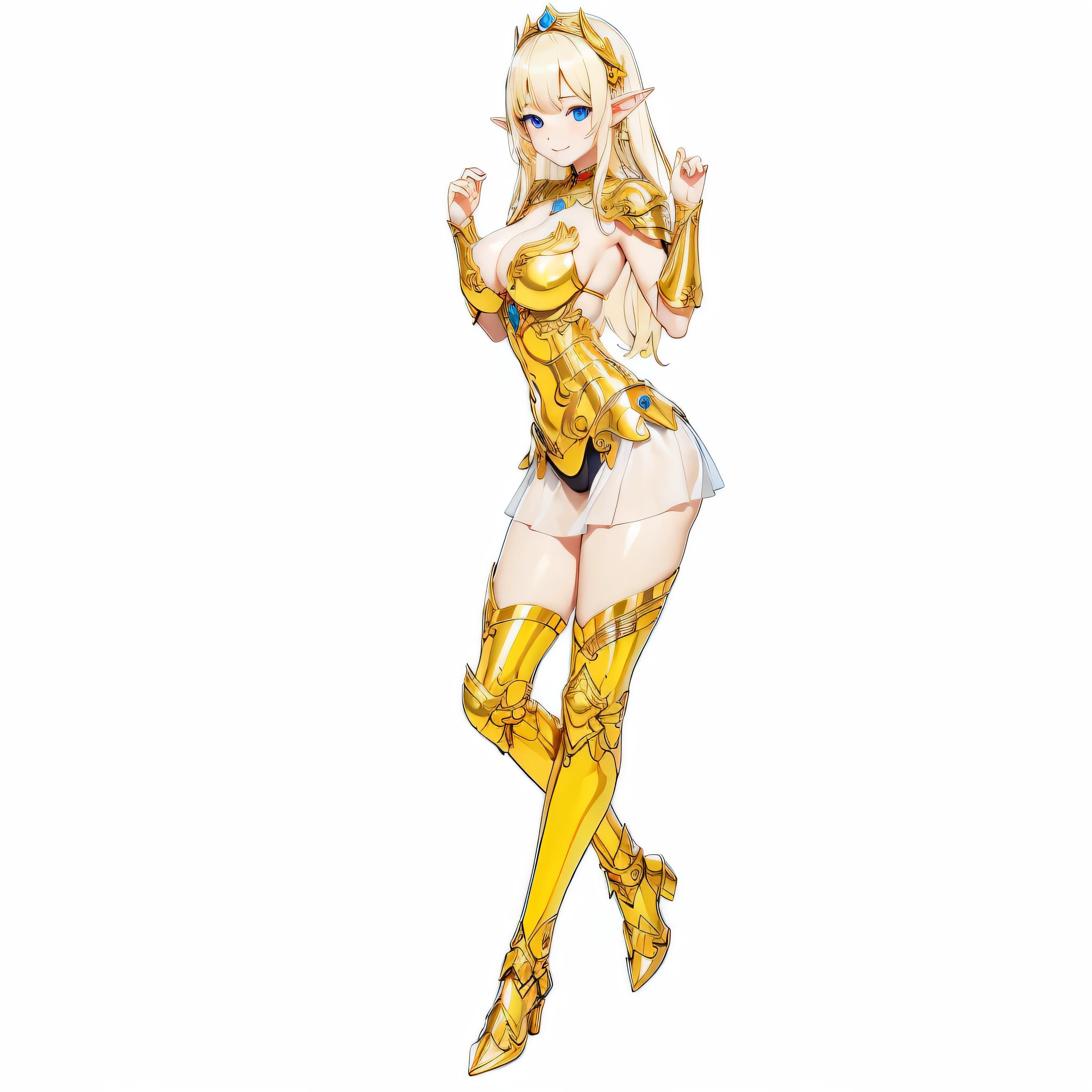 Highest quality、Very detailed、High resolution、１６ｋ、Thin contours、耳の長いElf、Nipples are visible、Shining golden armor、Gold bikini armor、Very large breasts、Extremely transparent skirt、Wearing black pants、chest proportion、Smile of the Goddess、Very white skin、Beautiful fingers、Perfect Style、Elf、No bra、Blonde hair and blue eyes、Cool smile